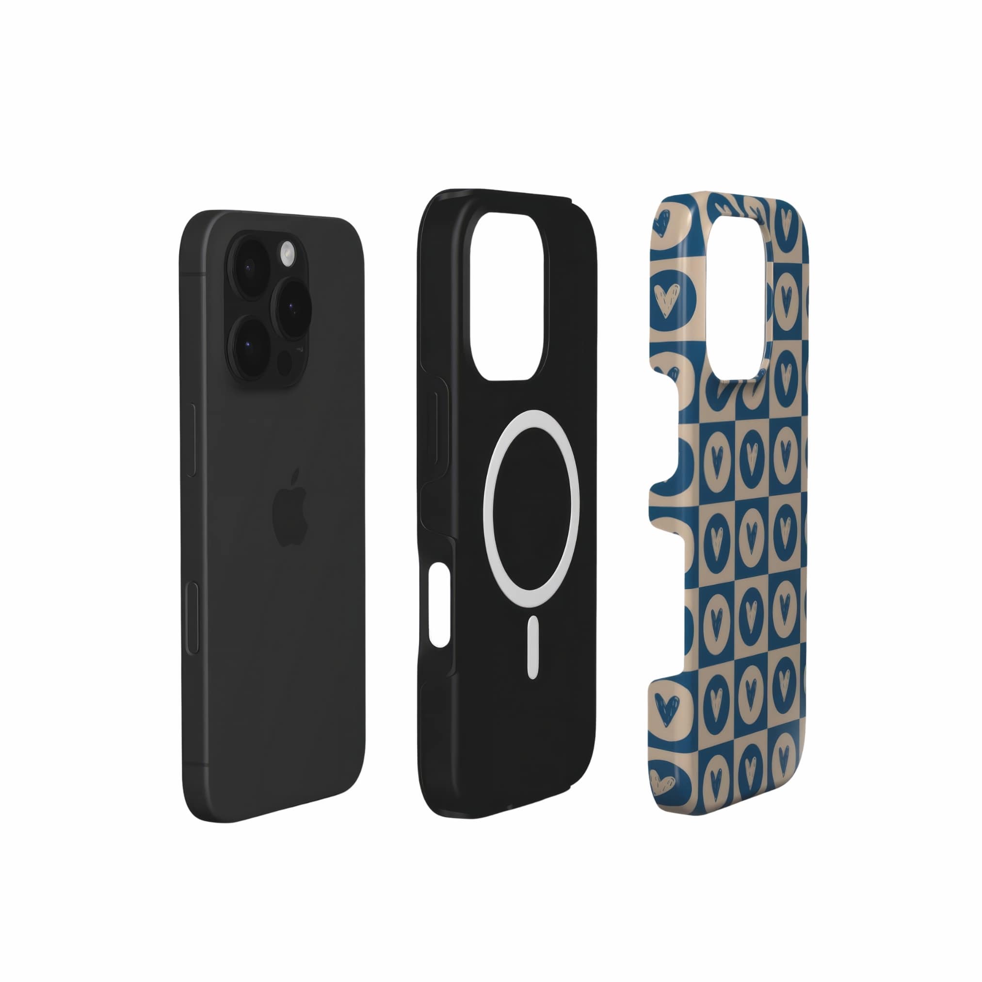 MagSafe tough phone case LovDot 2 pattern design with a dynamic geometric symmetry in heart and dot style, featuring an elegant and expressive aesthetic design. Main colors are steel blue and light brown. Extend view.