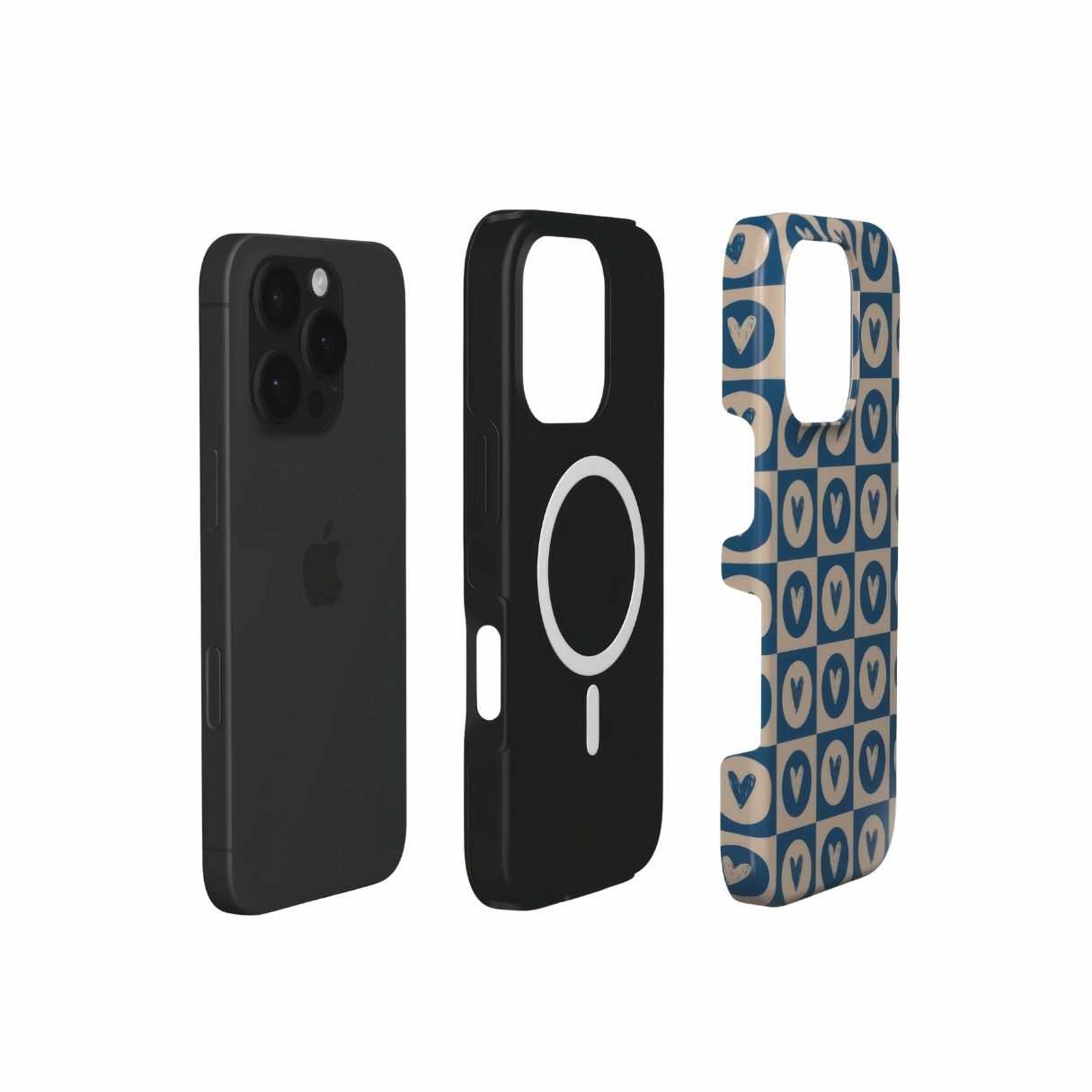 MagSafe tough phone case LovDot Blue pattern design with a dynamic geometric symmetry in heart and dot style, featuring an elegant and expressive aesthetic design. Main colors are steel blue and light brown. Extend view.