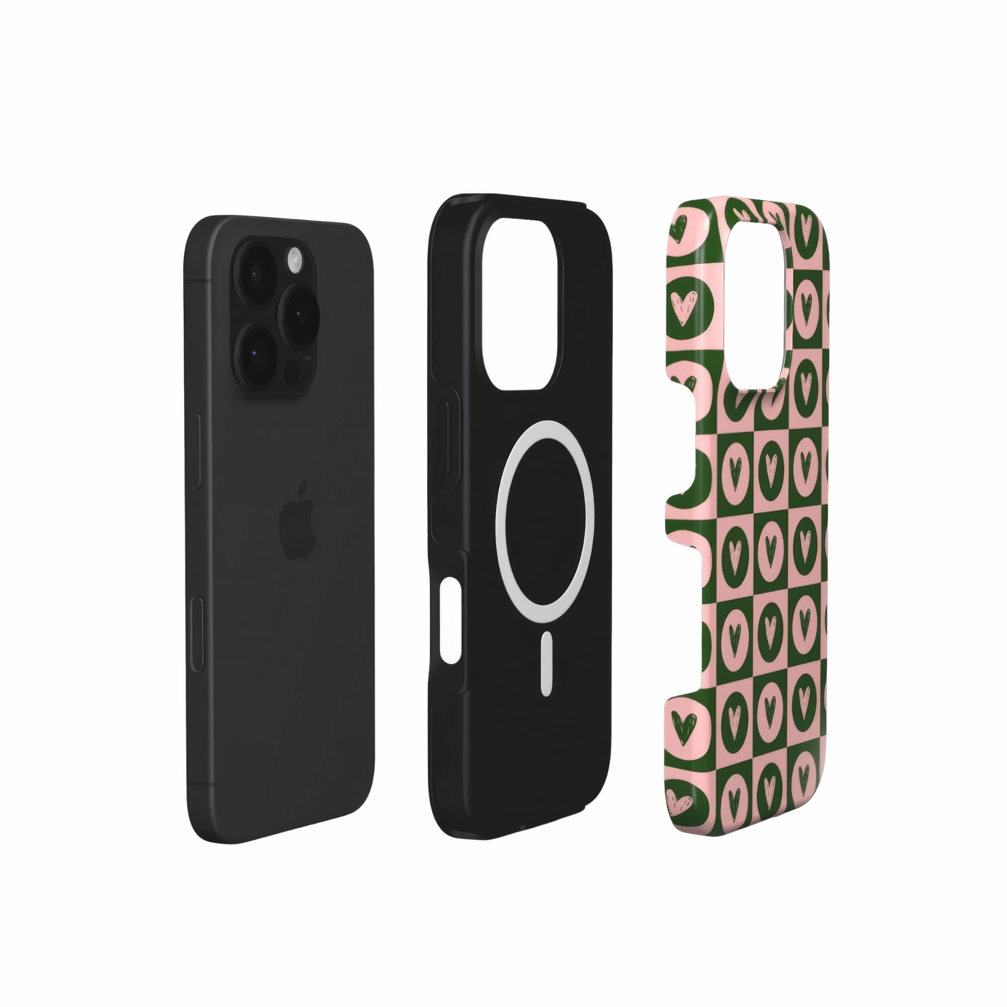 MagSafe tough phone case LovDot Vintage Rose pattern design with a dynamic geometric symmetry in heart and dot style, featuring an elegant and expressive aesthetic design. Main colors are vintage pink and green. Extend view.