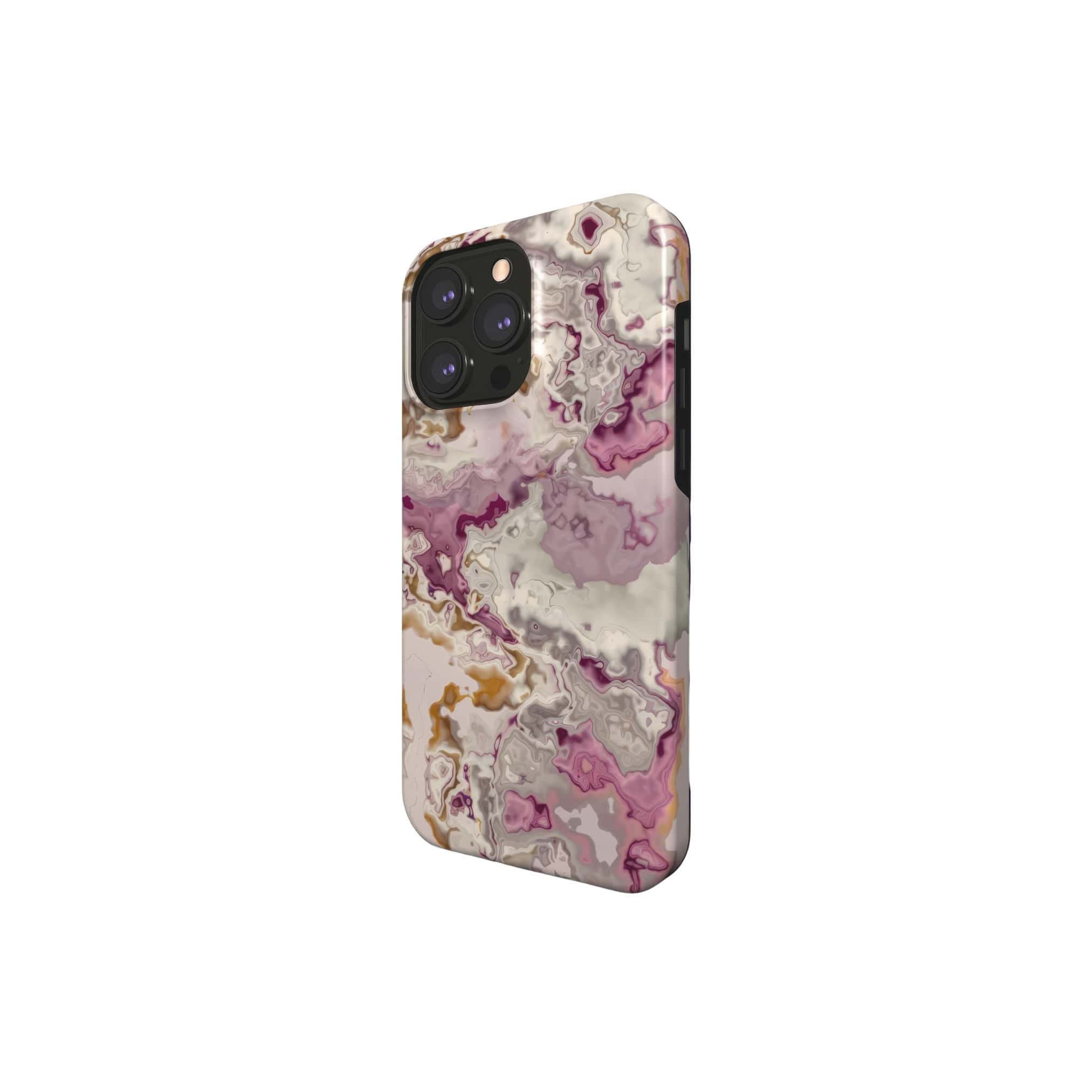Tough magsafe phone case side view; Marshmallow 1 pattern, artistic, abstract marble pattern. Pink and beige color combination. 