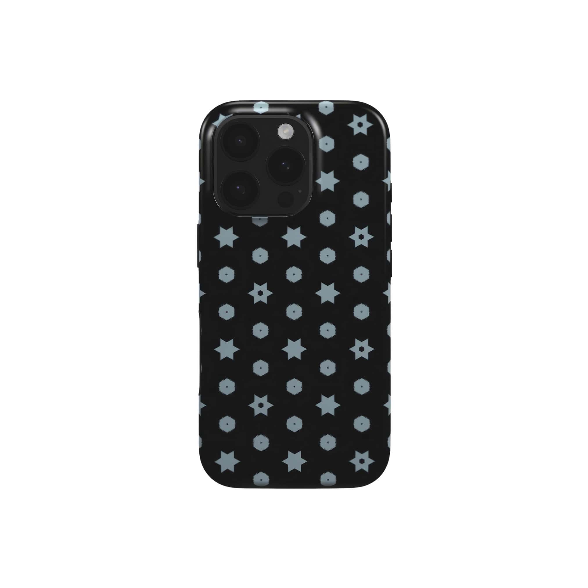 MagSafe tough phone case front view; Midnight Stars pattern, ornamental pattern; kaleidoscope pattern imagination. Bold expressive aesthetic design. Colorful and interior fit. Elegant.