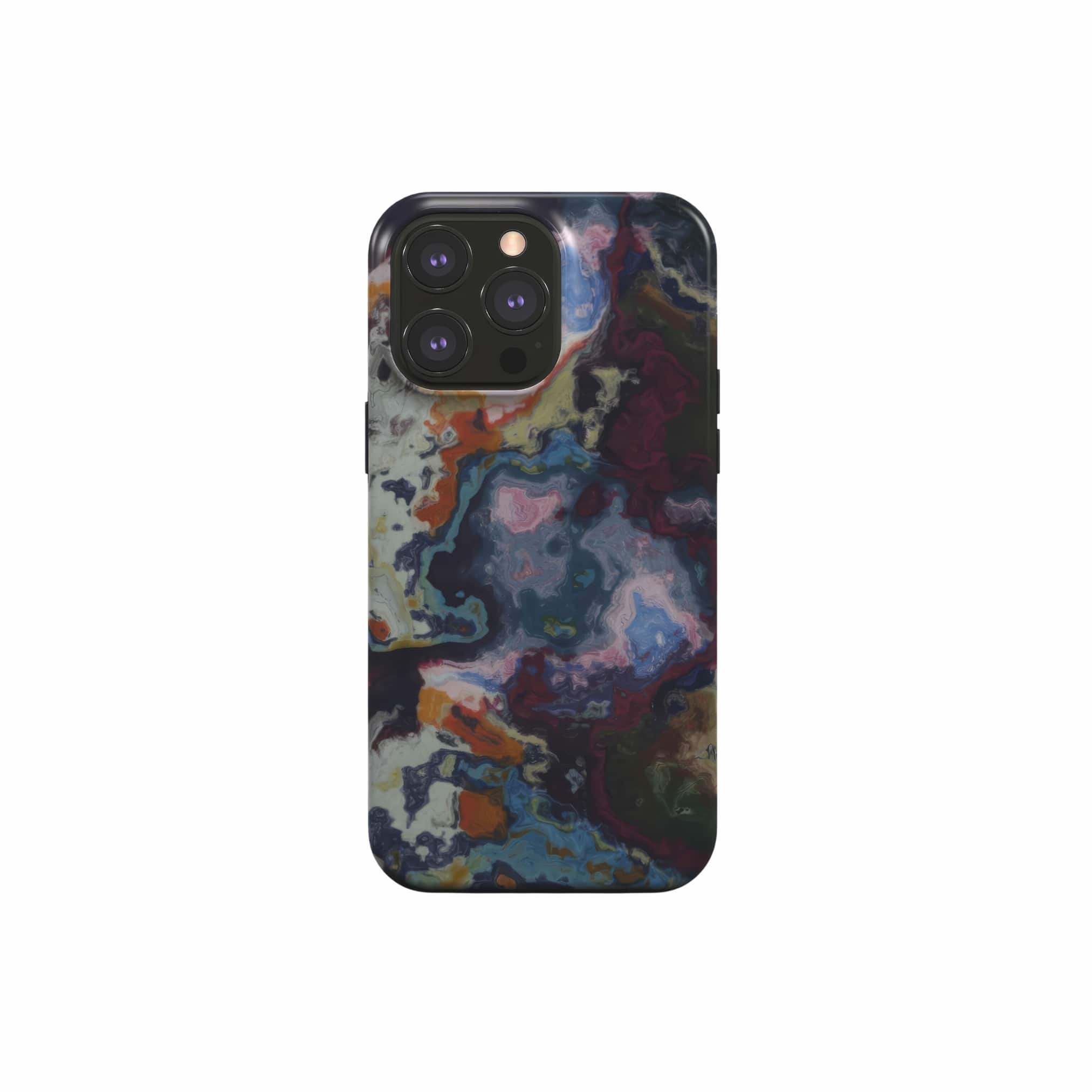 Tough magsafe phone case front view; Molten Berries 2 pattern, artistic, abstract marble pattern. Purple and blue color combination. Bold expressive aesthetic design. Colorful and interior fit. Elegant.