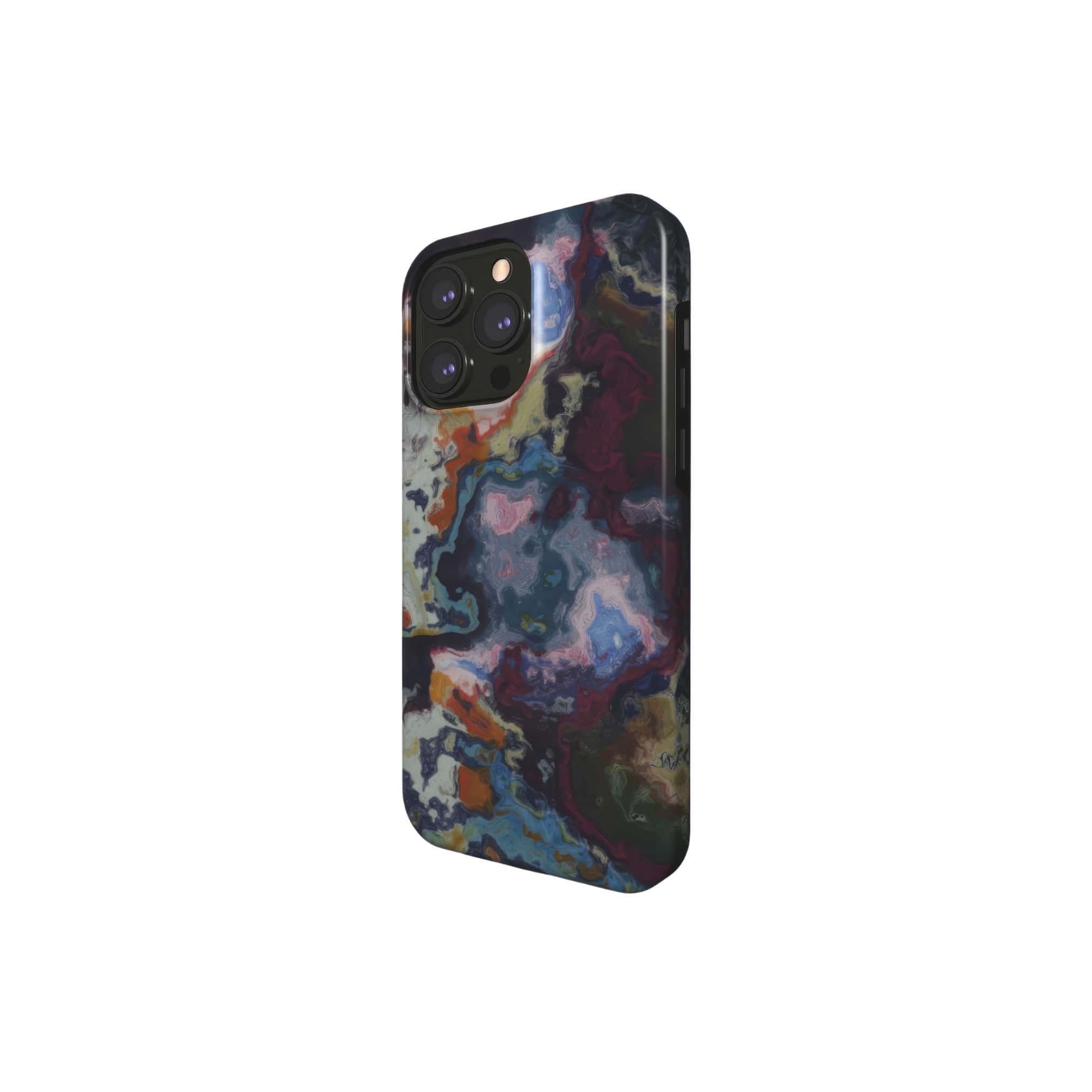 Tough magsafe phone case side view; Molten Berries 2 pattern, artistic, abstract marble pattern. Purple and blue color combination. 
