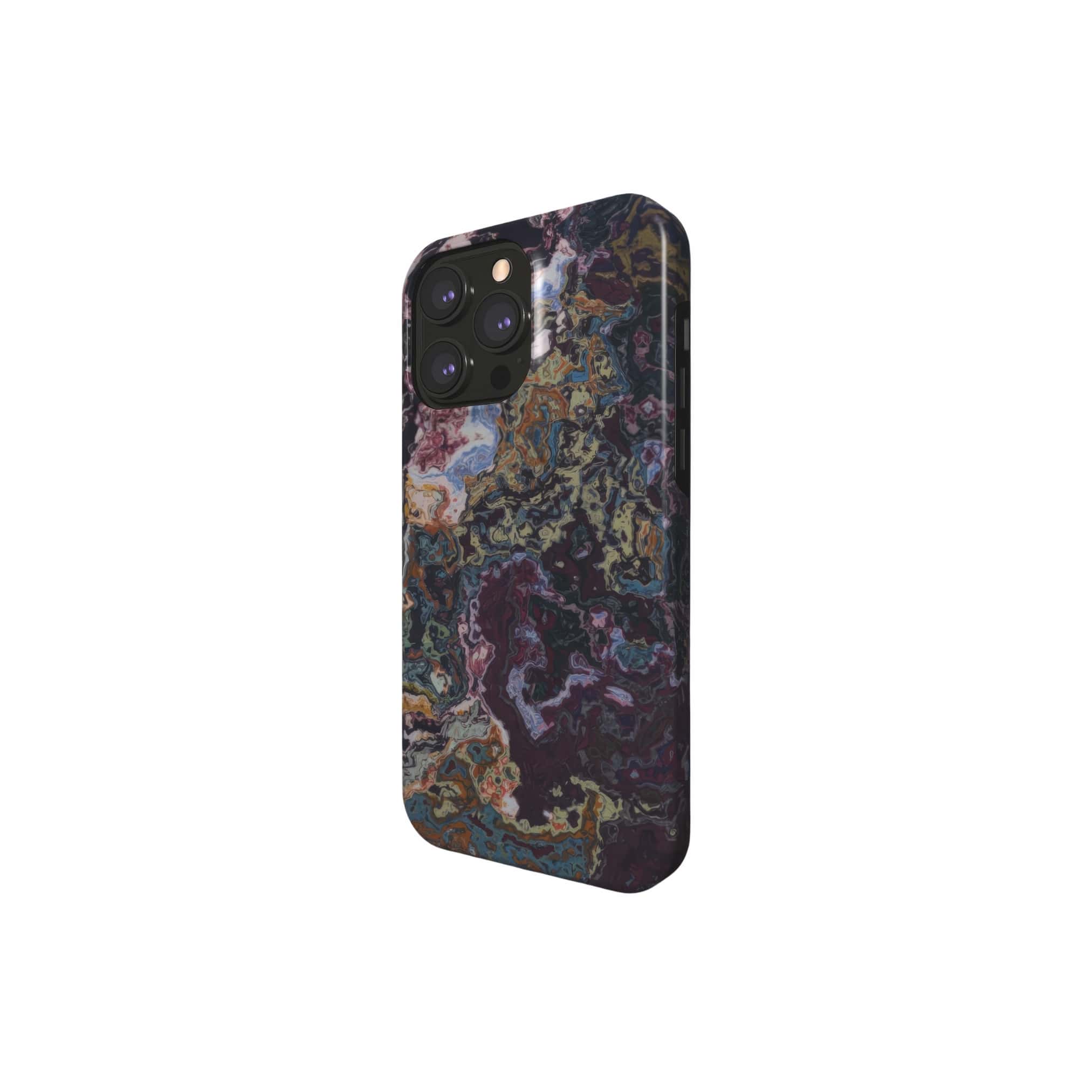 Tough magsafe phone case side view; Molten Berries 2 pattern, artistic, abstract marble pattern. Purple color.