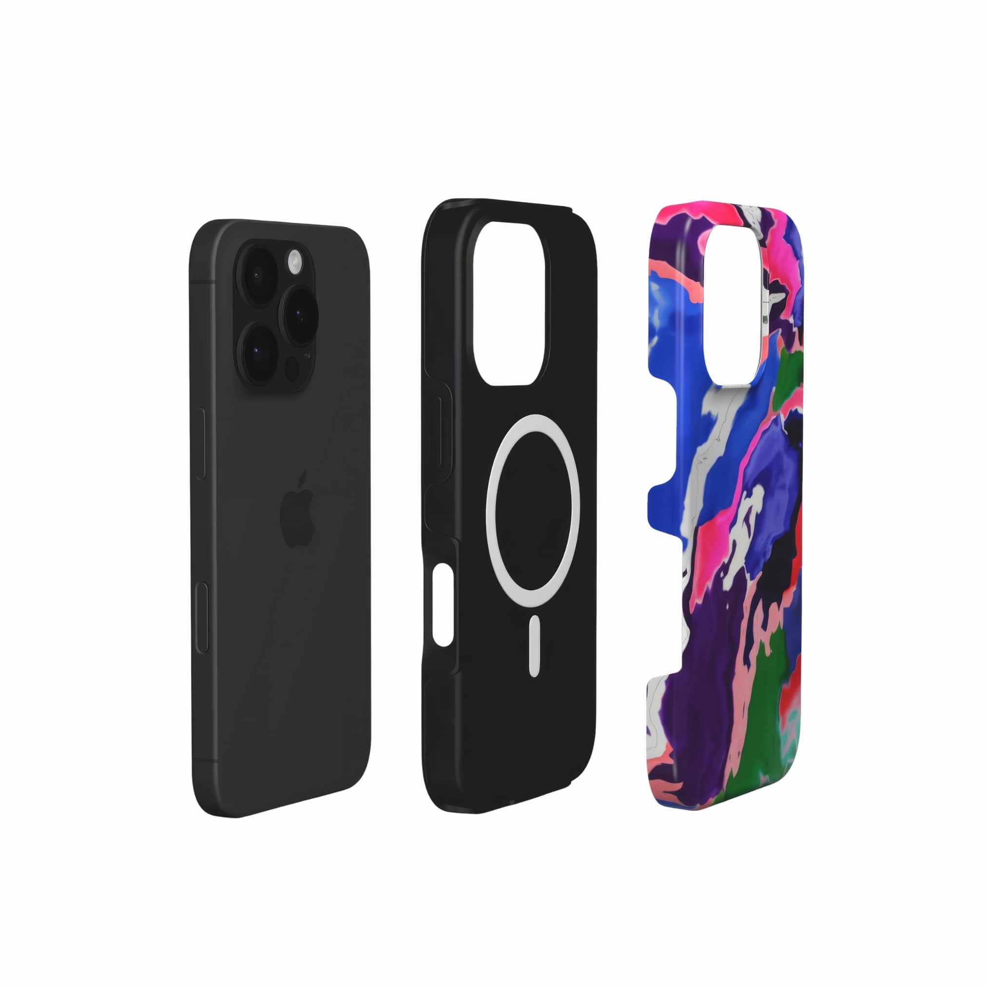 MagSafe tough phone case extend view; Nebula Drift pattern, artistic, abstract marble pattern. Blue and purple color combination. Bold expressive aesthetic design. Colorful and interior fit. Elegant.