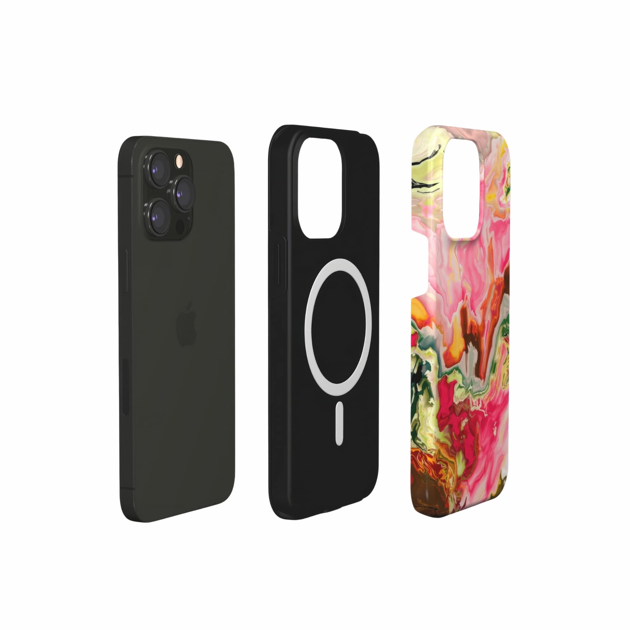 Tough MagSafe phone case extend view; Neon Pink pattern, artistic, abstract marble pattern. Neon pink color.