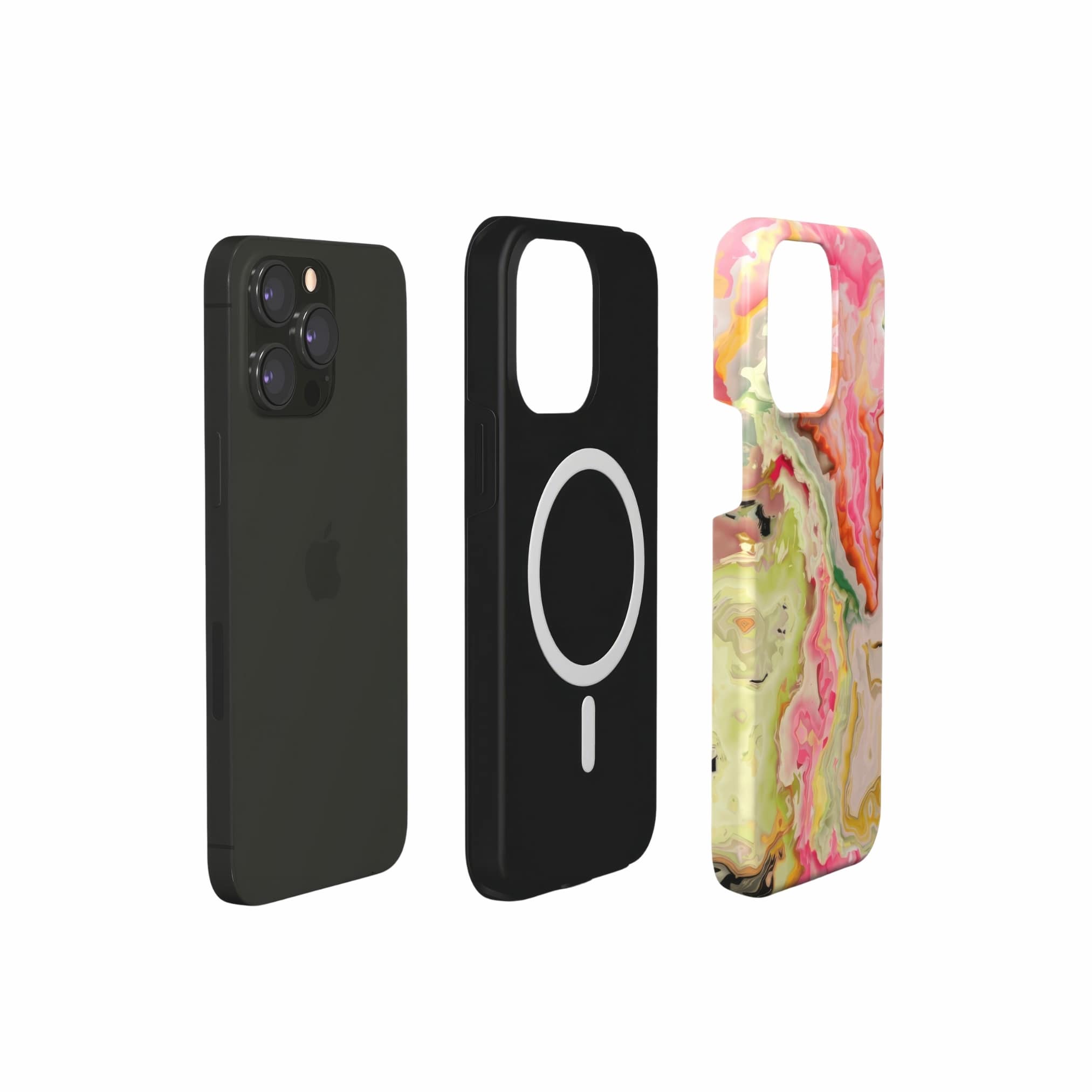 Tough MagSafe phone case extend view; Neon Pink Light pattern, artistic, abstract marble pattern. Pink and light green color combination. 