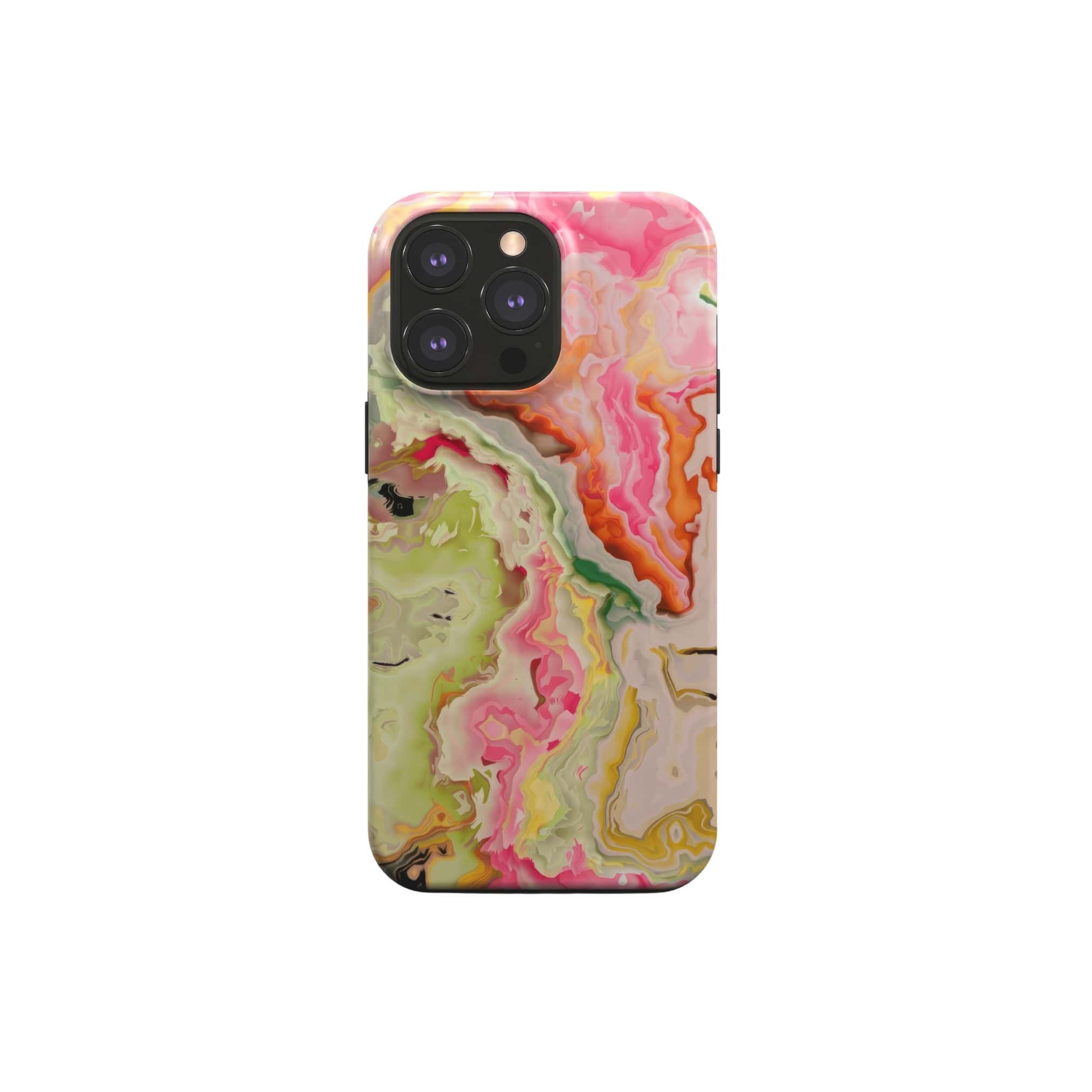 Tough MagSafe phone case front view; Neon Pink Light pattern, artistic, abstract marble pattern. Pink and light green color combination. Bold expressive aesthetic design. Colorful and interior fit. Elegant.