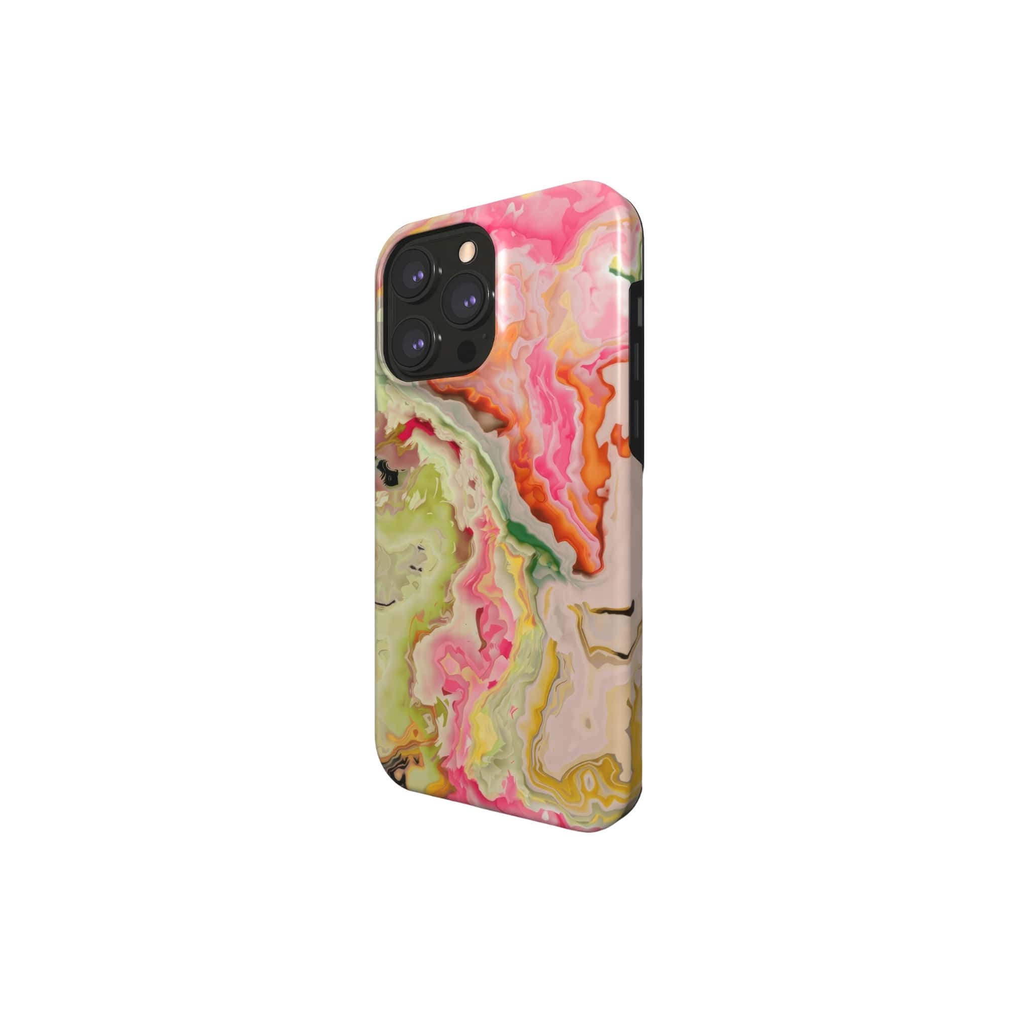 Tough MagSafe phone case side view; Neon Pink Light pattern, artistic, abstract marble pattern. Pink and light green color combination. 