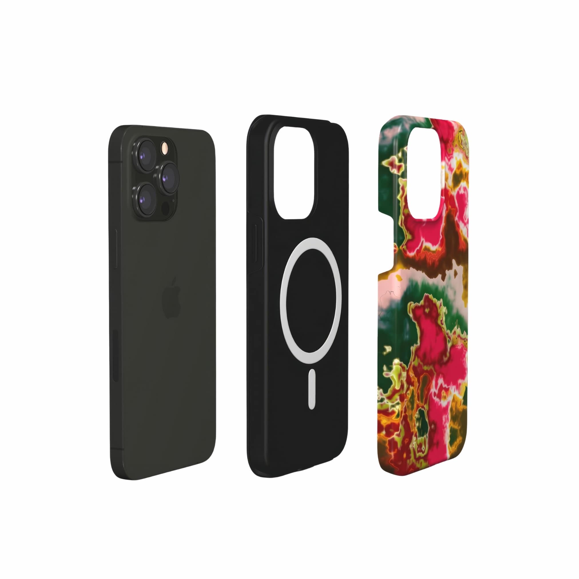 Tough MagSafe phone case extend view; Neon Pink Rich pattern, artistic, abstract marble pattern. Pink and green color combination. 