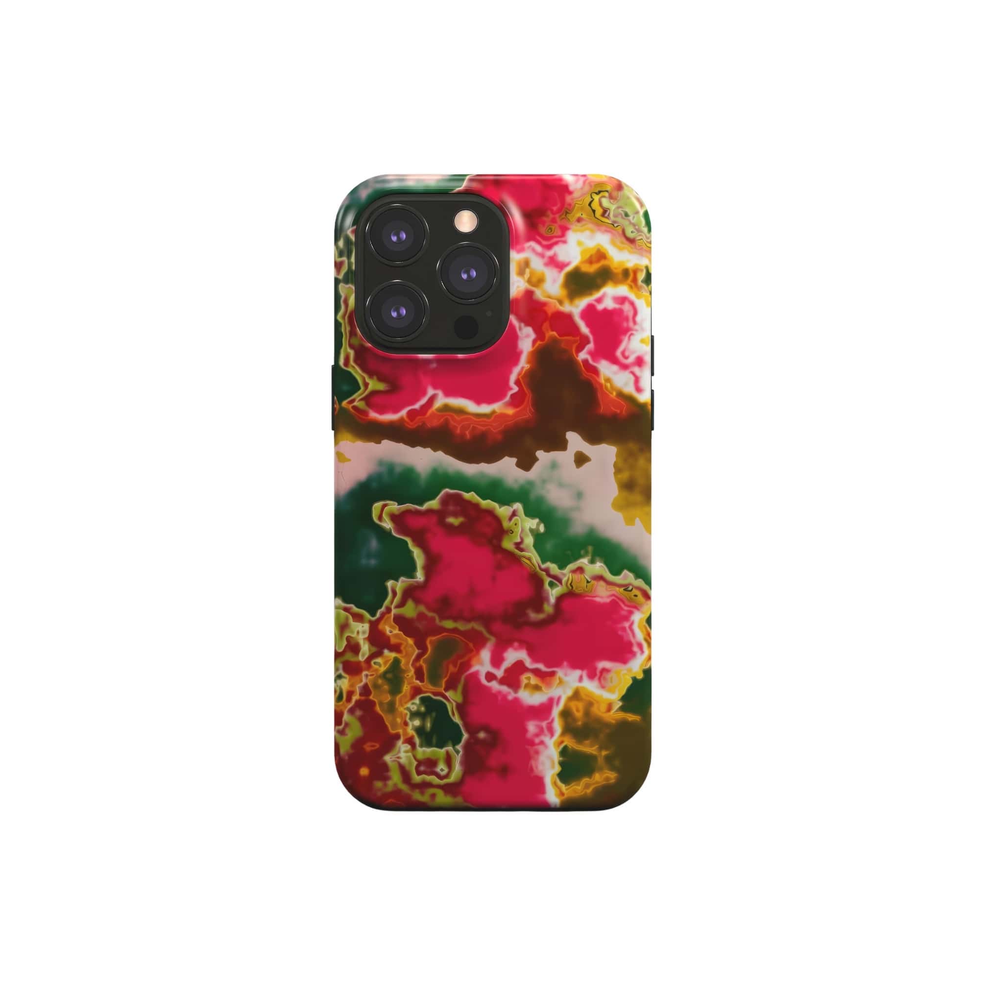 Tough MagSafe phone case front view; Neon Pink Rich pattern, artistic, abstract marble pattern. Pink and green color combination. Bold expressive aesthetic design. Colorful and interior fit. Elegant.