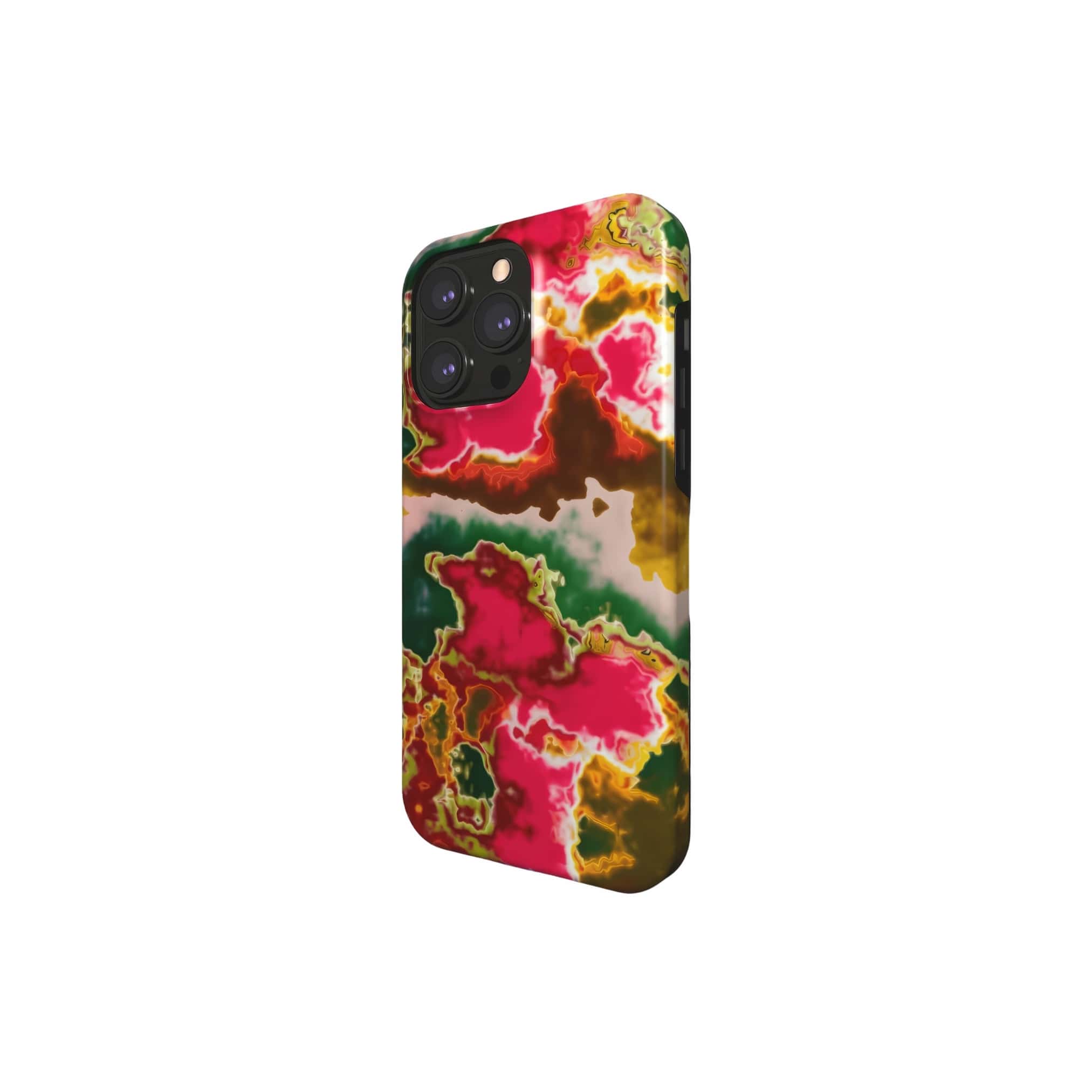 Tough MagSafe phone case side view; Neon Pink Rich pattern, artistic, abstract marble pattern. Pink and green color combination. 