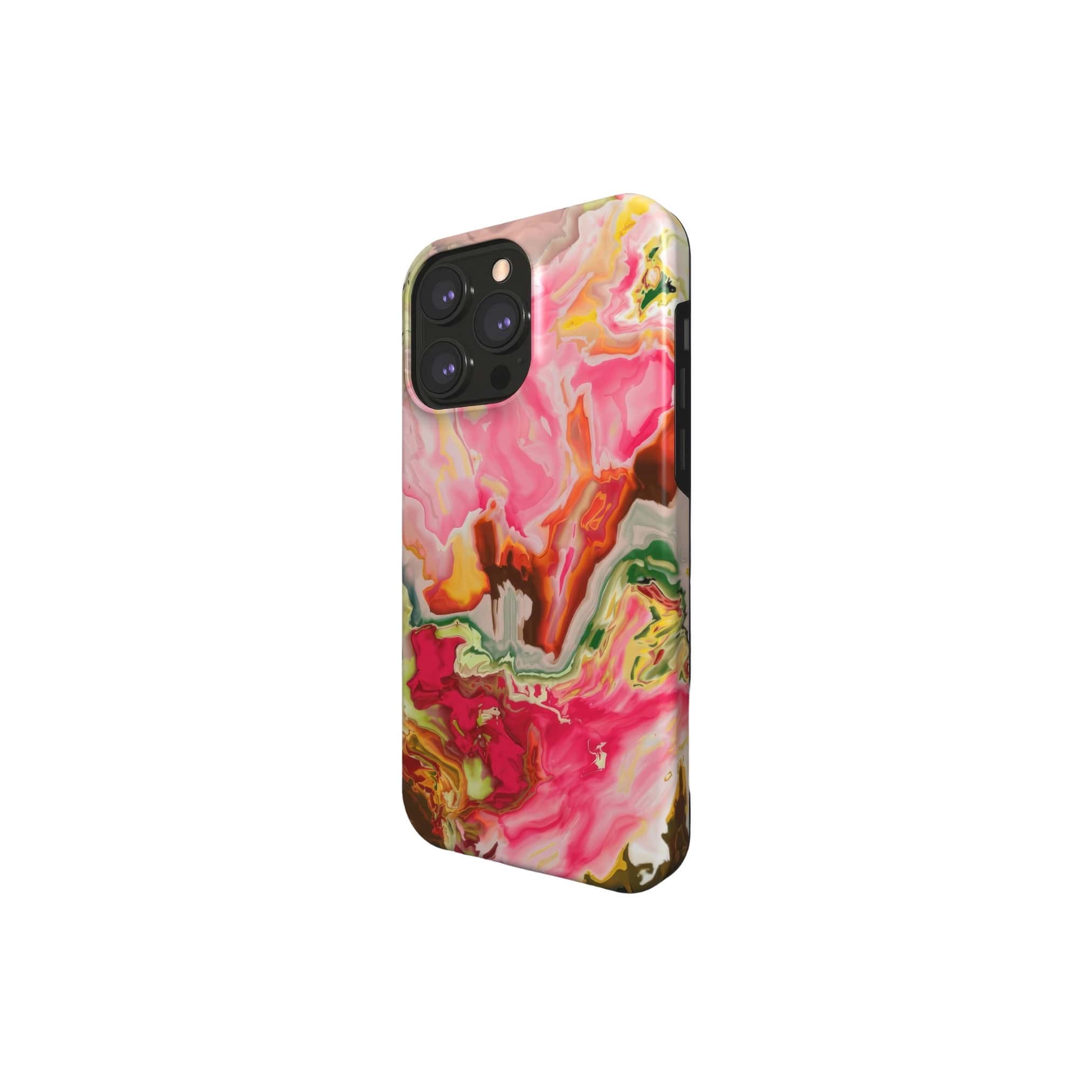 Tough MagSafe phone case side view; Neon Pink pattern, artistic, abstract marble pattern. Neon pink color.