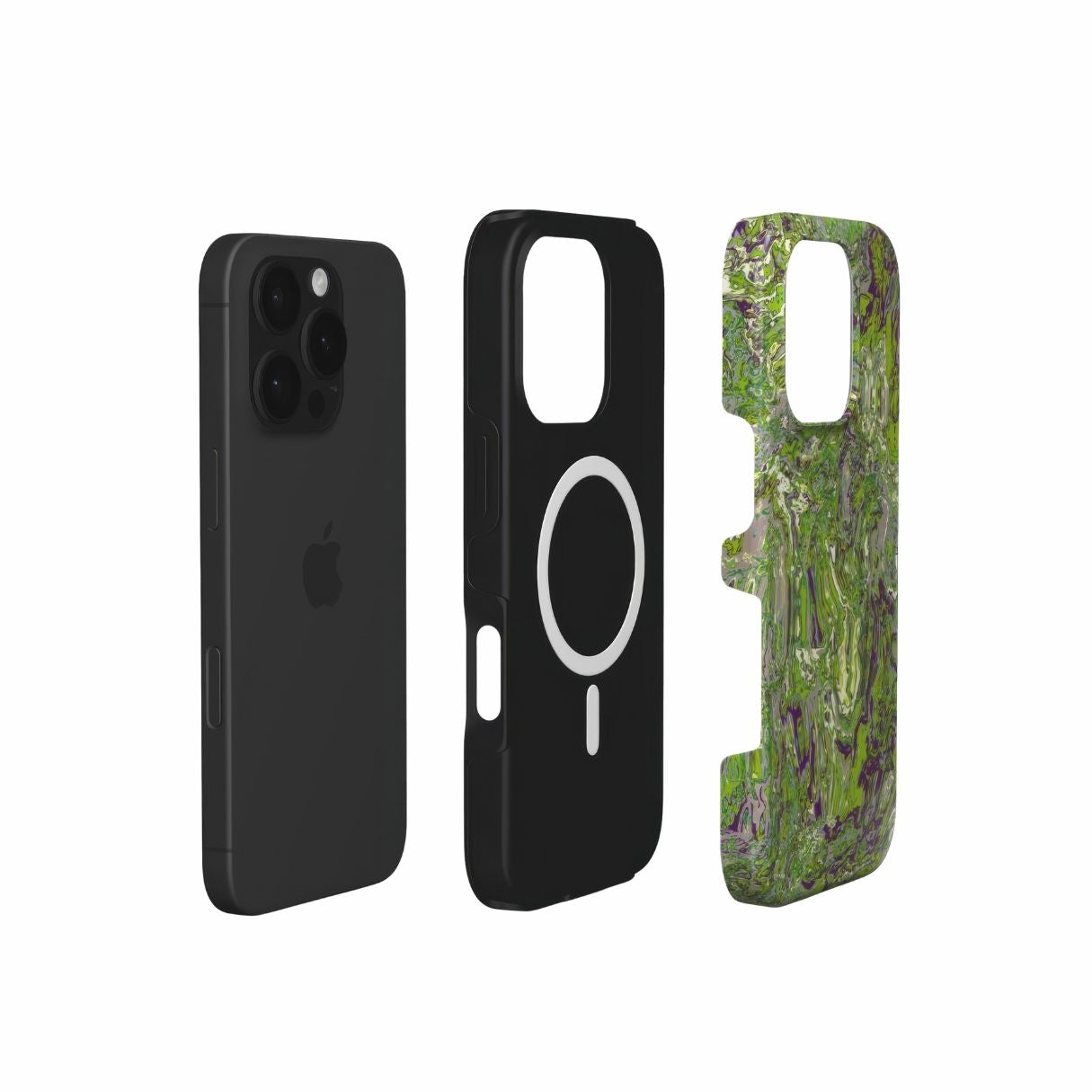 MagSafe Tough phone case with a bold vivid pattern Olive Smash abstract and artistic style, featuring an elegant and expressive aesthetic design. Main colors are olive green and purple hues. Extend view.
