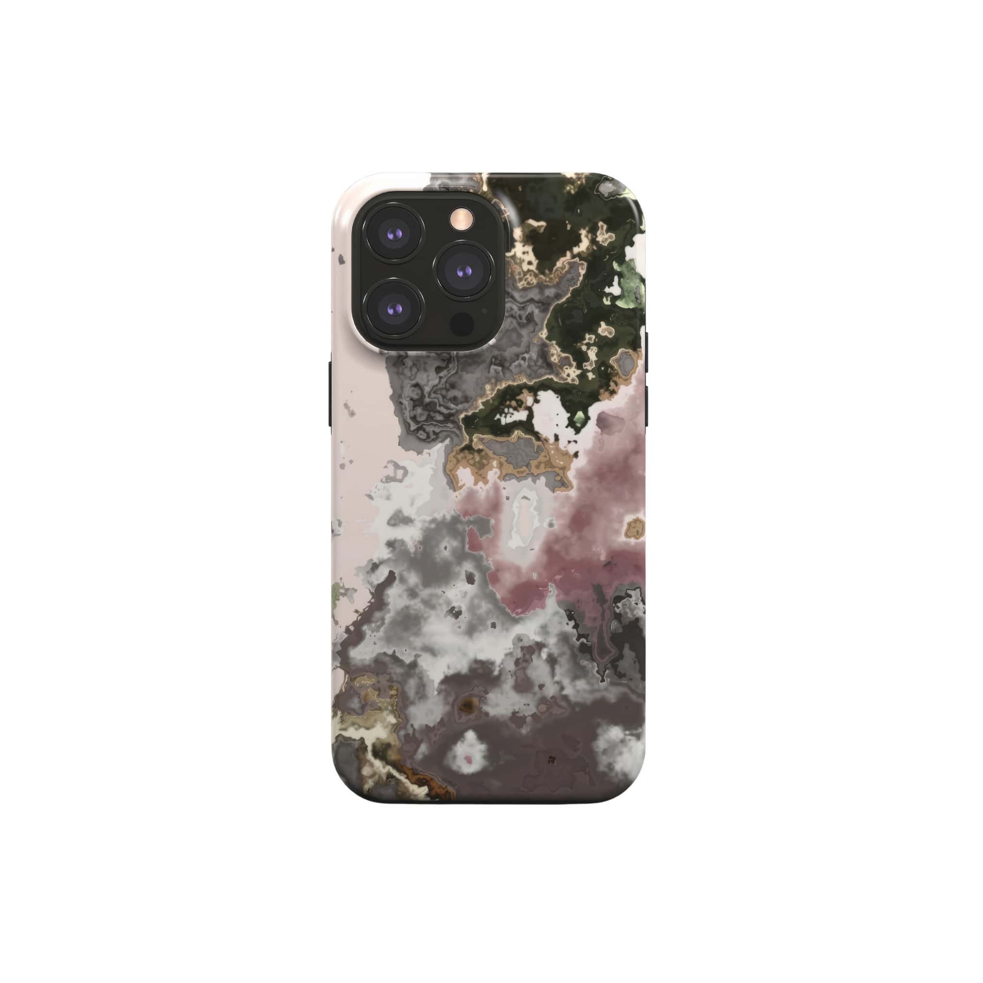 Tough MagSafe phone case front view; Pink Moss pattern, artistic, abstract marble pattern. Pink and Grey color combination. Bold expressive aesthetic design. Colorful and interior fit. Elegant.