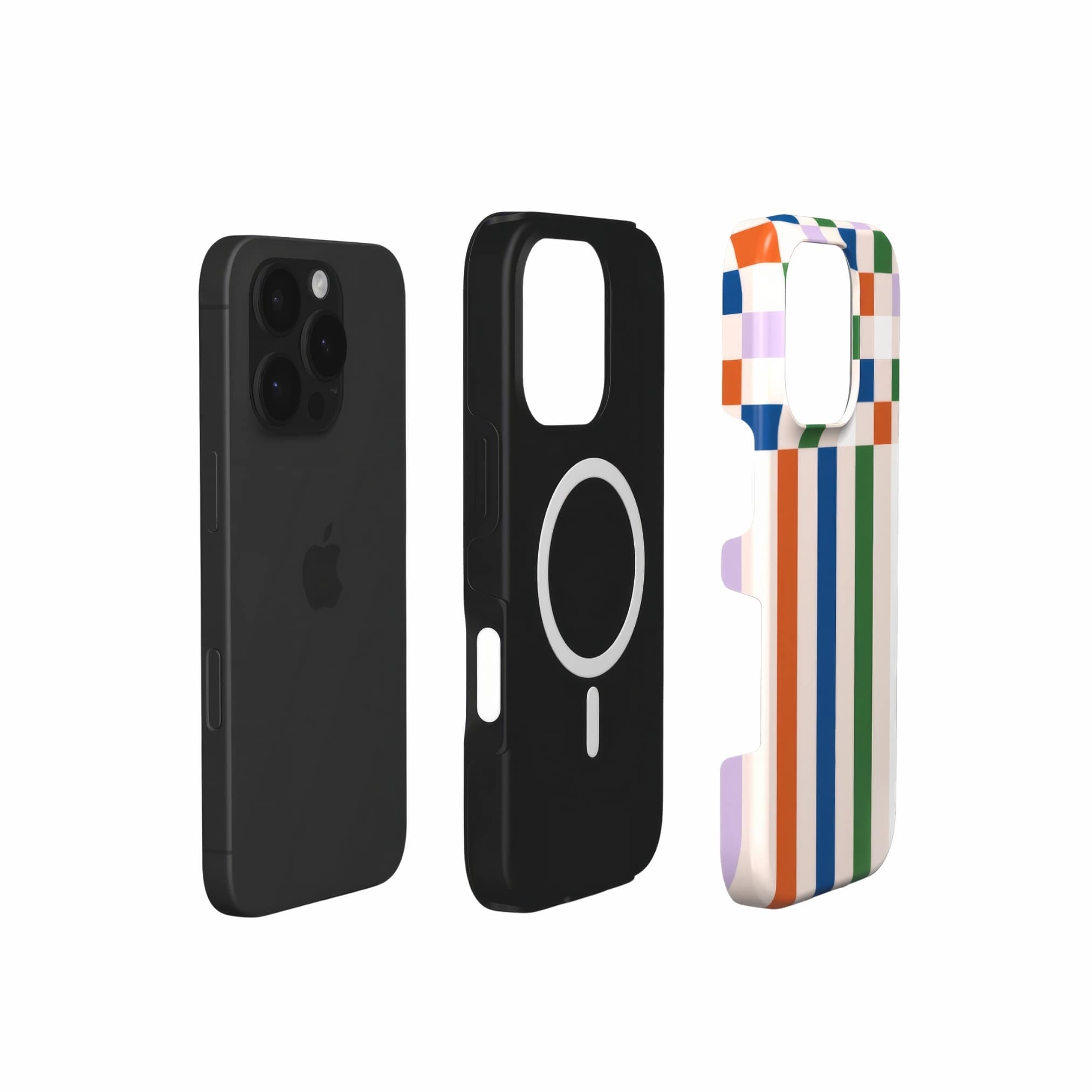 MagSafe tough phone case Pixel Grid Multi pattern design with a bold color blocks in pixel and stripes modern style, featuring an elegant and expressive aesthetic design. Main colors are rich orange, blue, lilac and green. Extend view.