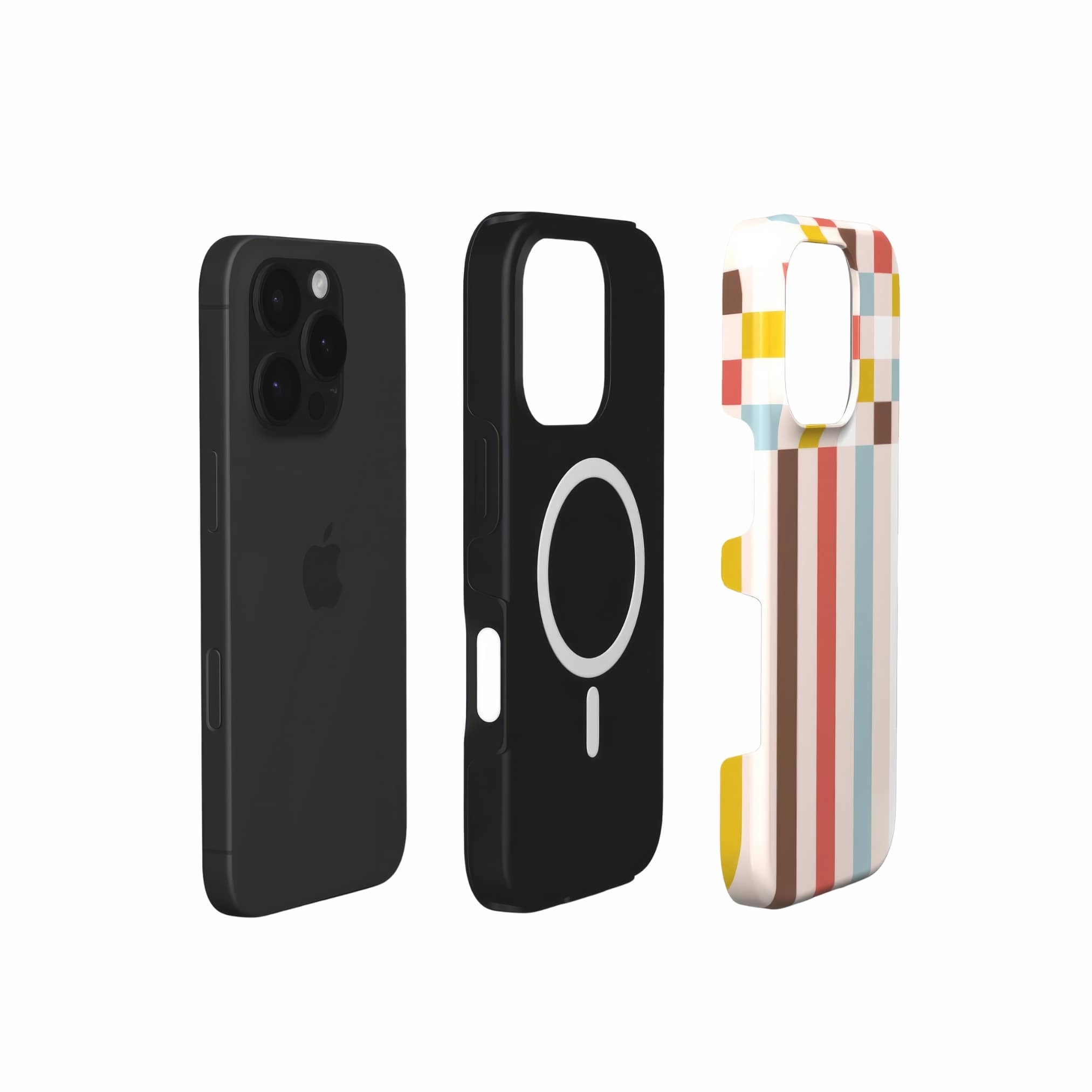 MagSafe tough phone case Pixel Grid Vintage pattern design with a bold color blocks in pixel and stripes modern style, featuring an elegant and expressive aesthetic design. Main colors are pastel with pink, brown, muted red and light sky blue. Extend view.