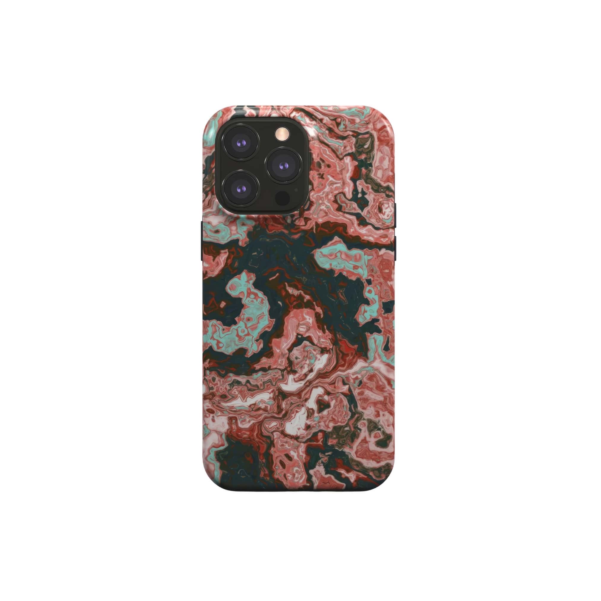 Tough MagSafe phone case front view; Red Coffee pattern, artistic, abstract marble pattern. Red and light blue color combination. Bold expressive aesthetic design. Colorful and interior fit. Elegant.