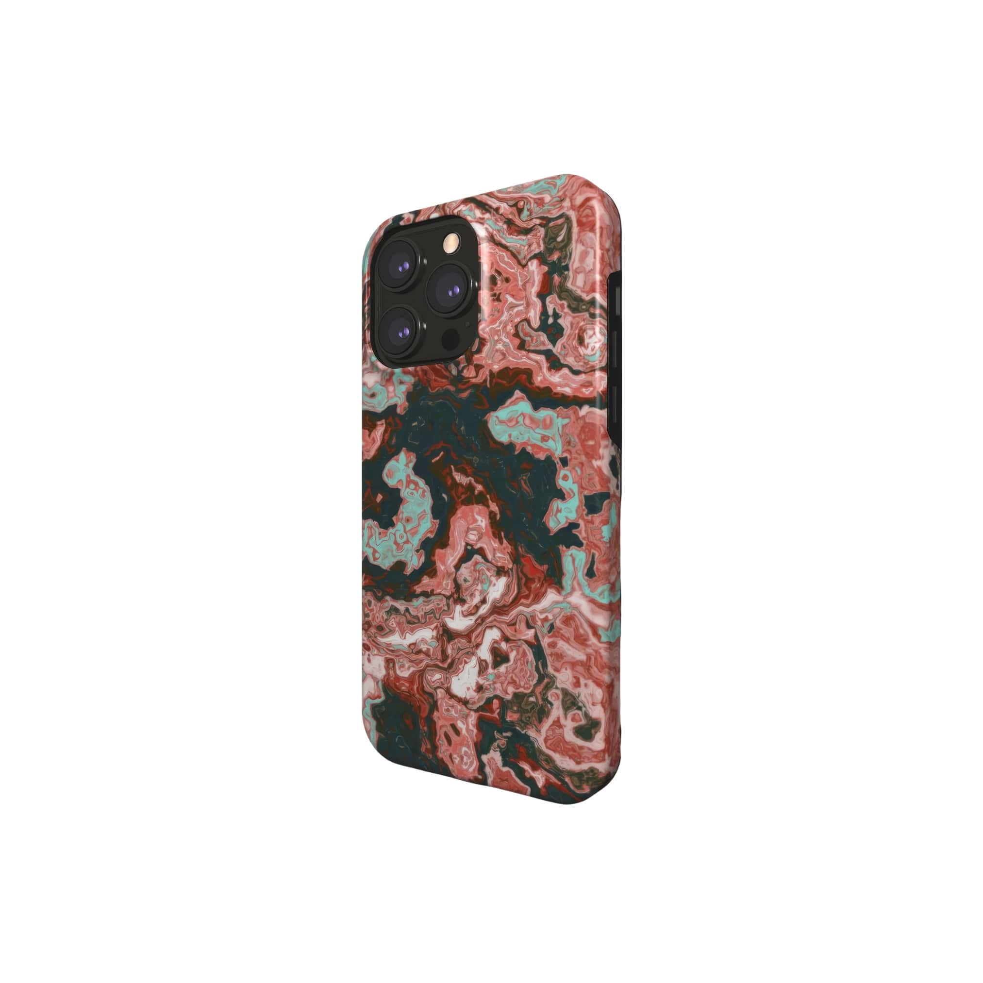 Tough MagSafe phone case side view; Red Coffee pattern, artistic, abstract marble pattern. Red and light blue color combination. 