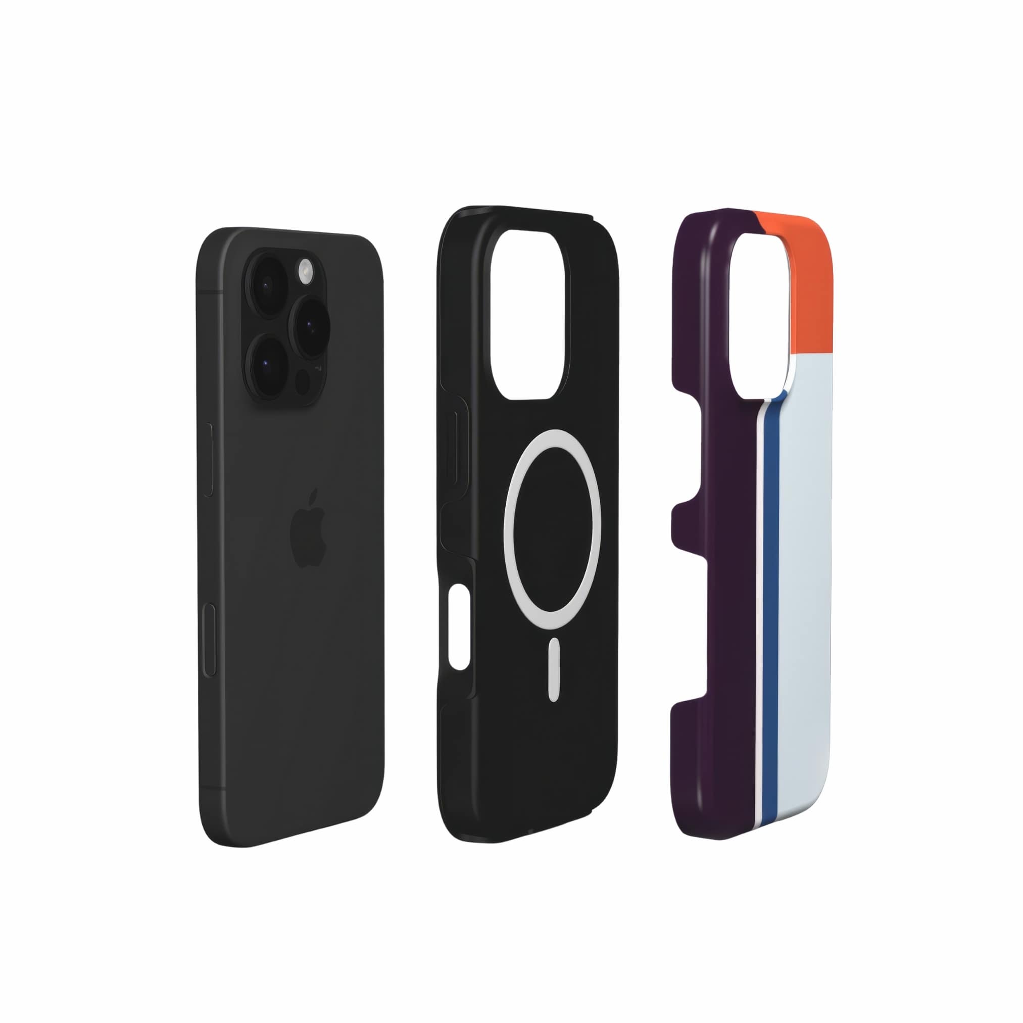MagSafe tough phone durable case Retro Stripes Blue pattern design with a bold color blocks in vintage, mid century modern style, featuring an elegant and expressive aesthetic design. Main colors are deep purple, navy, light blue and orange red. Extend view.