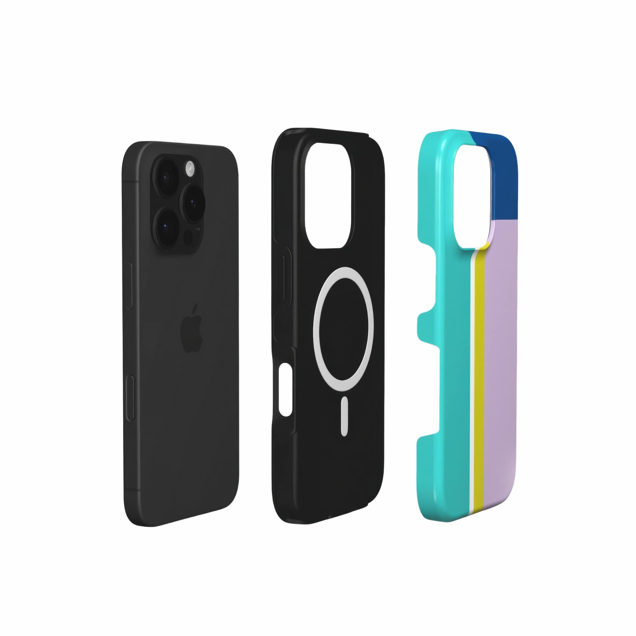 MagSafe phone tough case Retro Stripes Teal pattern design with a bold color blocks in vintage, mid century modern style, featuring an elegant and expressive aesthetic design. Main colors are navy blue, teal green, lilac and yellow. Extend view.