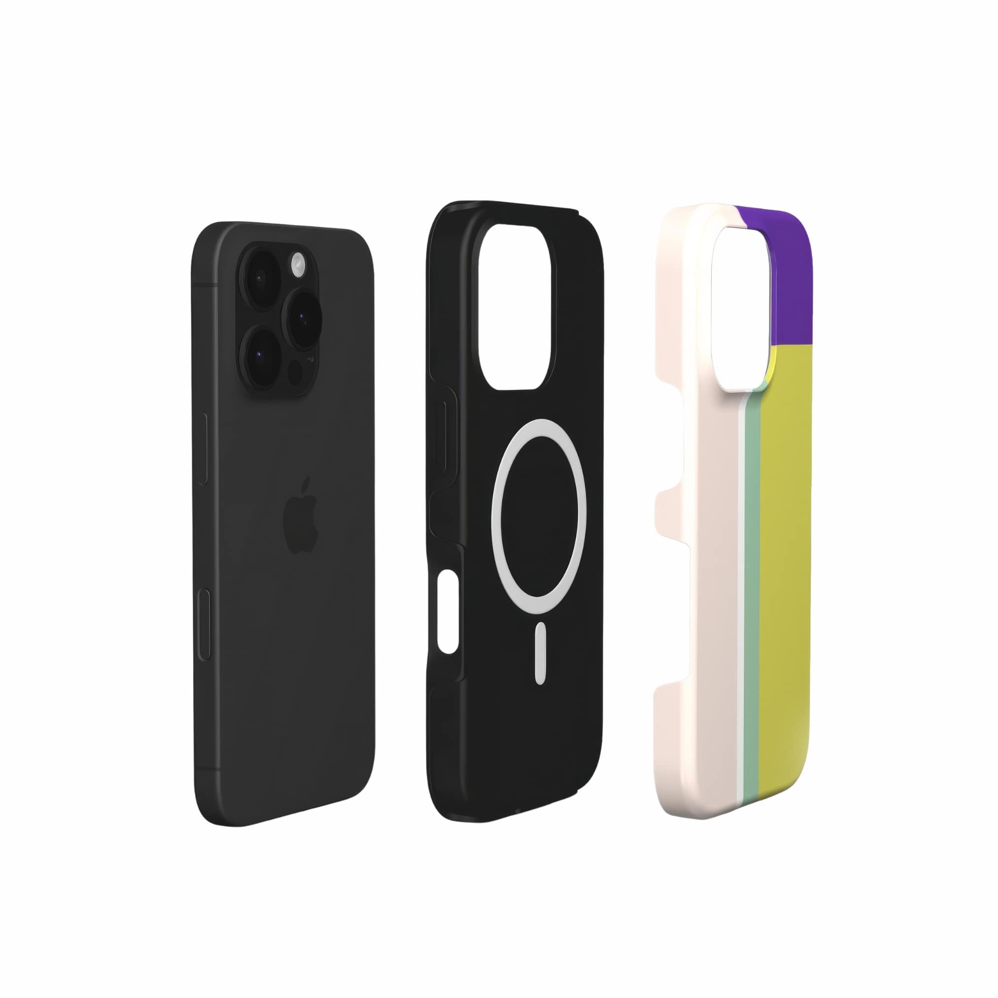 MagSafe tough phone case Retro Stripes Yellow pattern design with a bold color blocks in vintage, mid century modern style, featuring an elegant and expressive aesthetic design. Main colors are mustard yellow, purple and light pink. Extend view.