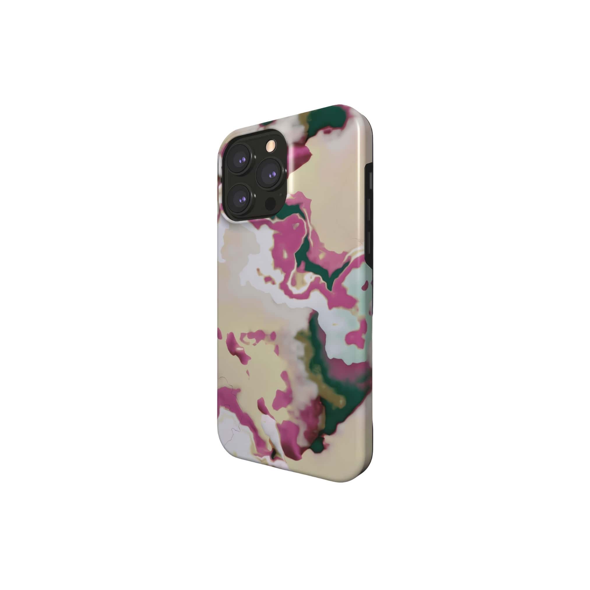 Tough magsafe phone case side view; Sandscape Dream 1 pattern, artistic, abstract marble pattern. Beige and purple color combination. 
