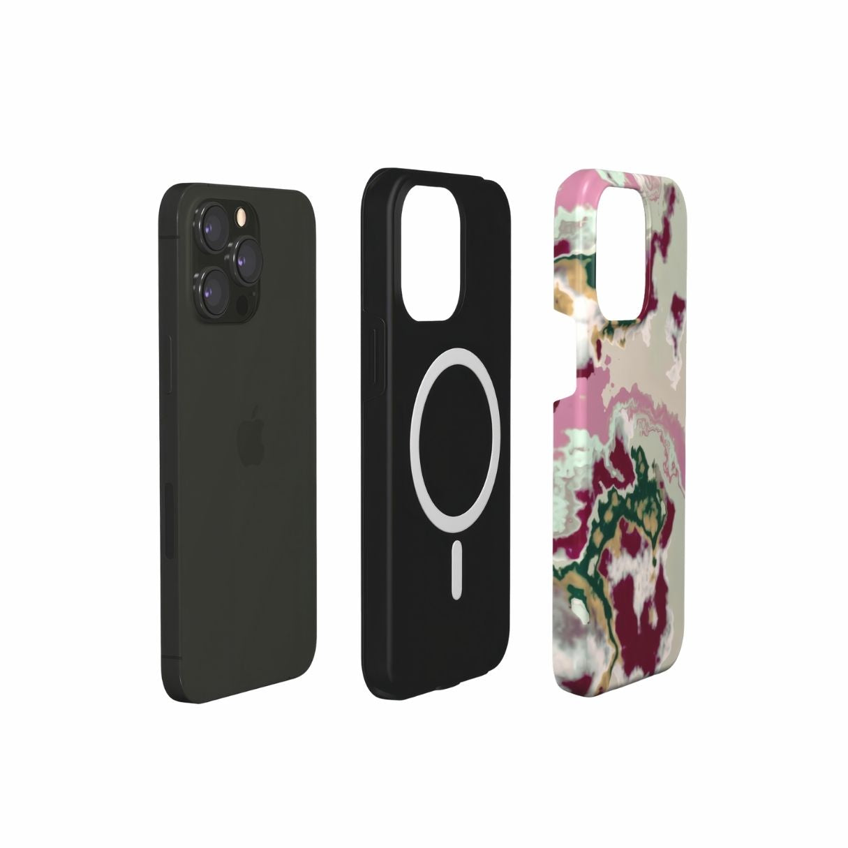 MagSafe Tough phone case with Sandscape Dream Burgundy pattern in artistic, abstract shape. Beige, green and bordeaux color combination. Bold expressive aesthetic design. Colorful and interior fit. Elegant. Extend view.