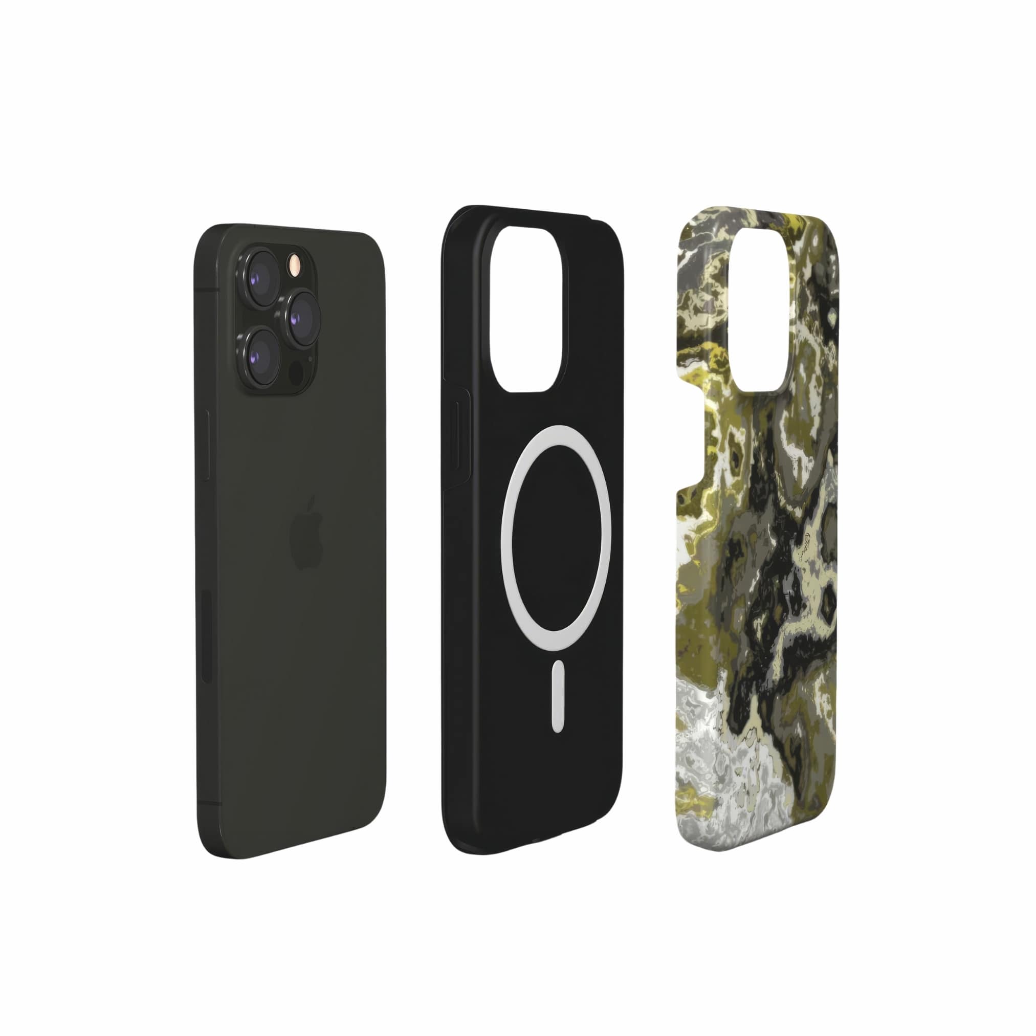 Tough magsafe phone case extend view; Spring Rain 1 pattern, artistic, abstract marble pattern. Yellow and black color combination. 