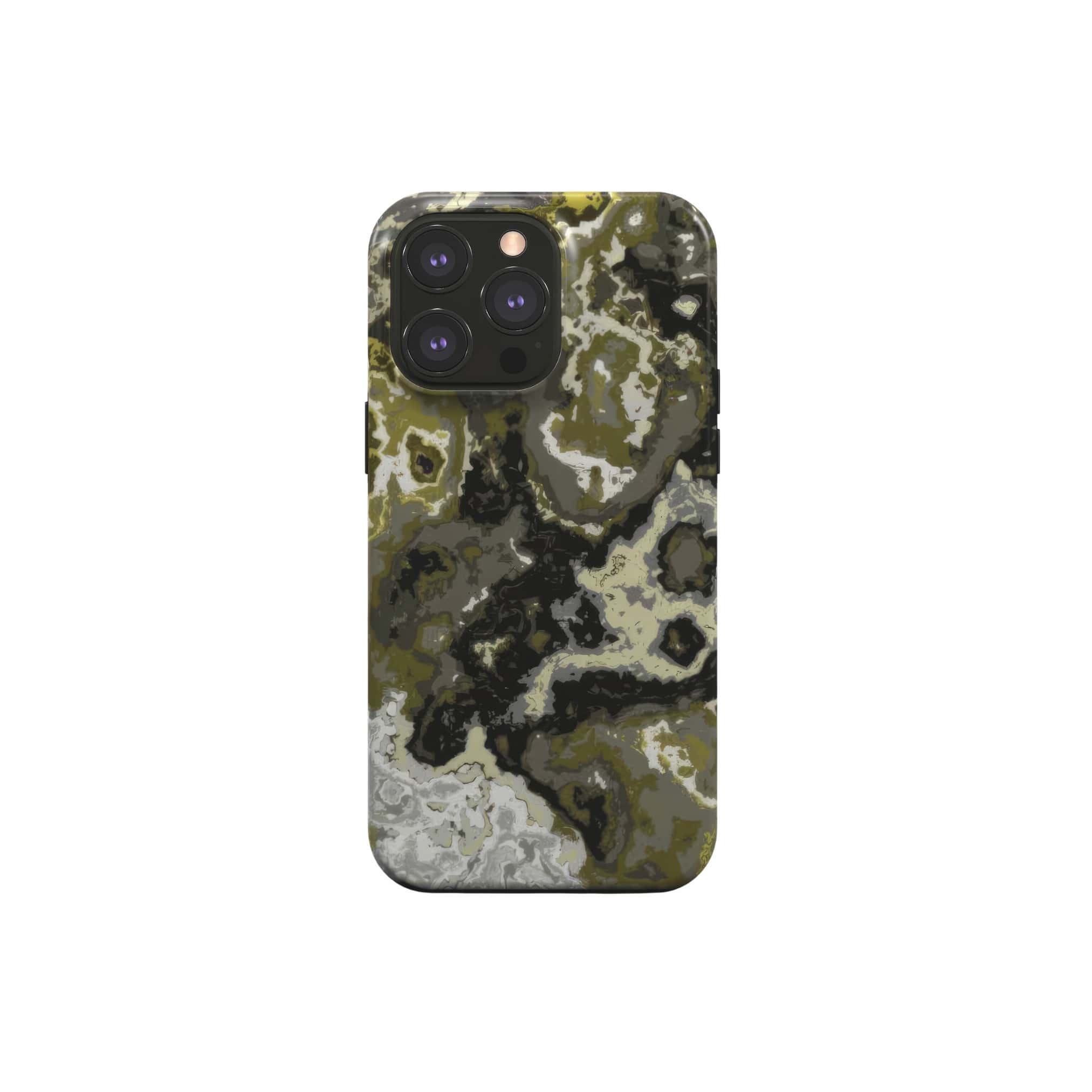 Tough magsafe phone case front view; Spring Rain 1 pattern, artistic, abstract marble pattern. Yellow and black color combination. Bold expressive aesthetic design. Colorful and interior fit. Elegant.