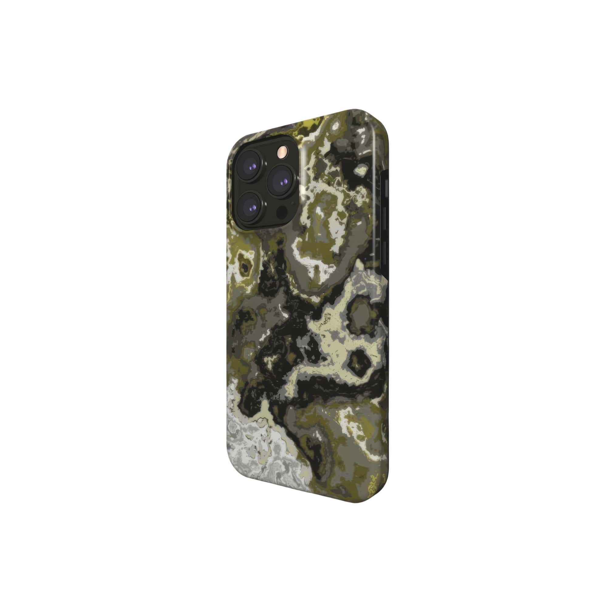 Tough magsafe phone case side view; Spring Rain 1 pattern, artistic, abstract marble pattern. Yellow and black color combination. 