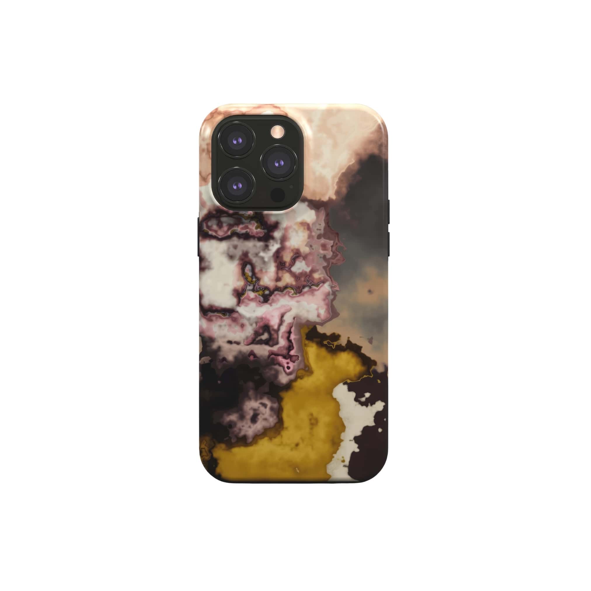Tough phone case front view; storm 1 pattern, artistic, abstract marble pattern. Yellow and beige color combination. Bold expressive aesthetic design. Colorful and interior fit. Elegant.