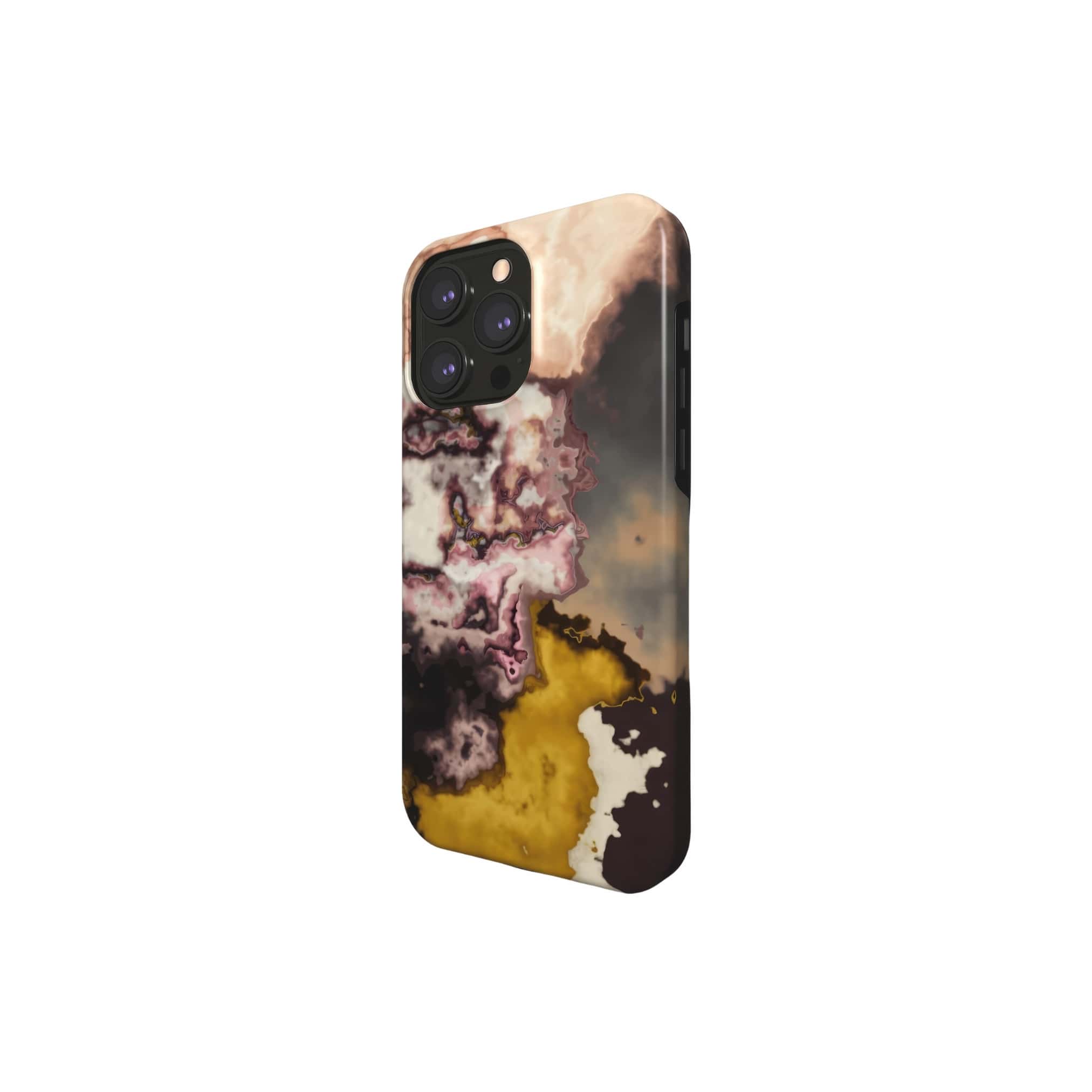 Tough phone case side view; storm 1 pattern, artistic, abstract marble pattern. Yellow and beige color combination. 