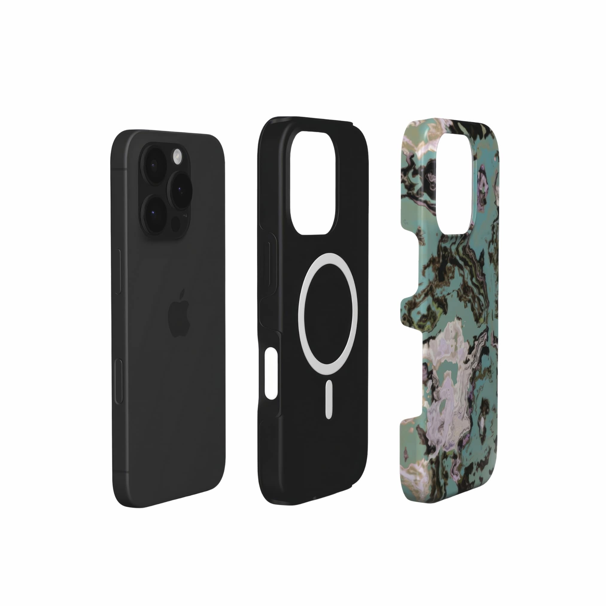 MagSafe tough phone case with a bold vivid pattern in marble abstract and artistic style, featuring an elegant and expressive aesthetic design. Main colors are teal blue and light lilac. Extend view.