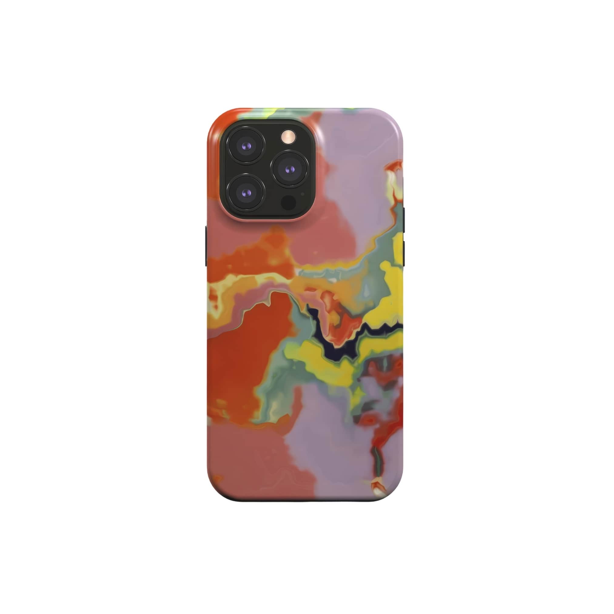 Tough magsafe phone case front view; Tropical 1 pattern, artistic, abstract marble pattern. Yellow and orange color combination. Bold expressive aesthetic design. Colorful and interior fit. Elegant.