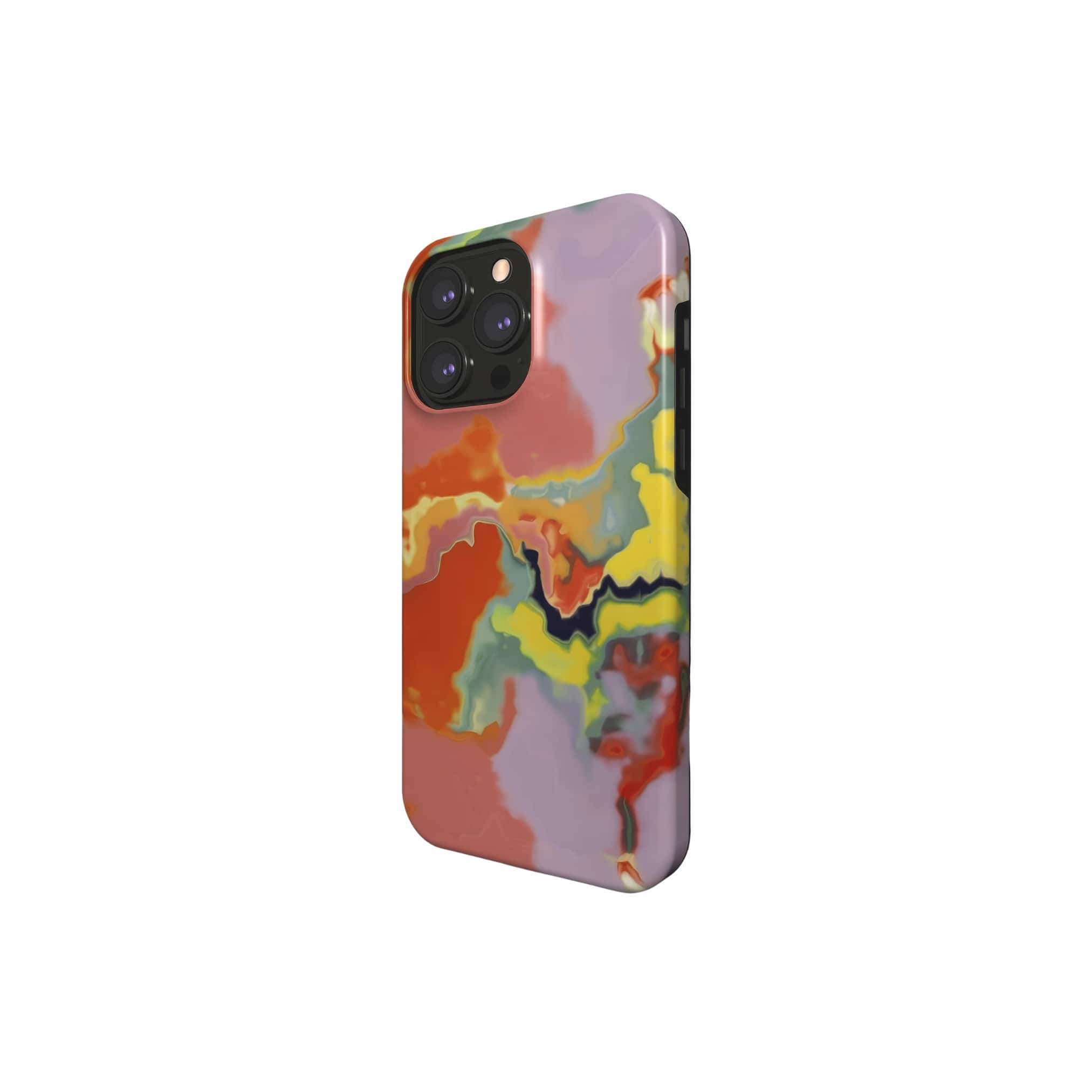 Tough magsafe phone case side view; Tropical 1 pattern, artistic, abstract marble pattern. Yellow and orange color combination. 