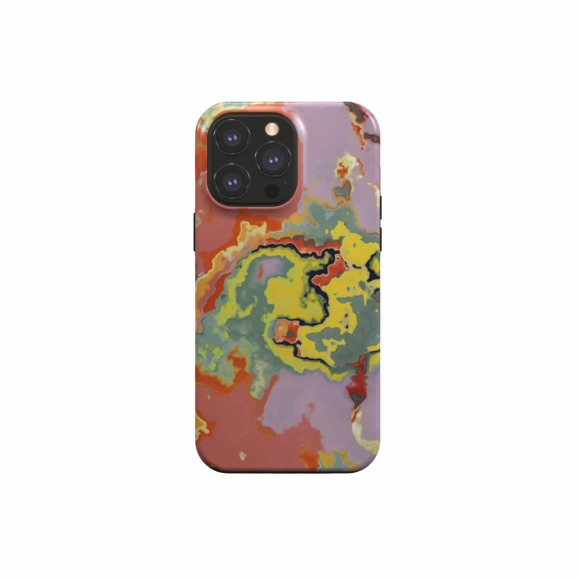 Tough magsafe phone case front view; Tropical 2 pattern, artistic, abstract marble pattern. Yellow and orange color combination. Bold expressive aesthetic design. Colorful and interior fit. Elegant.