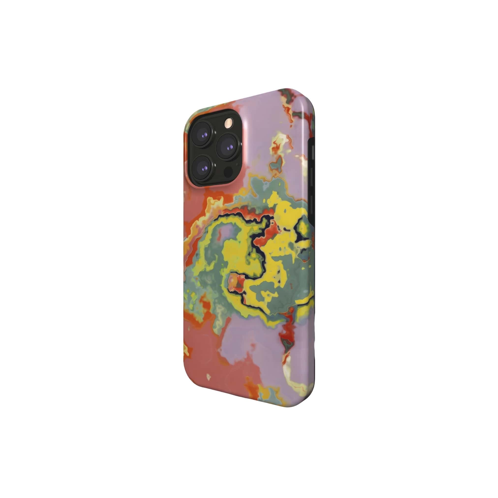 Tough magsafe phone case side view; Tropical 2 pattern, artistic, abstract marble pattern. Yellow and orange color combination. 