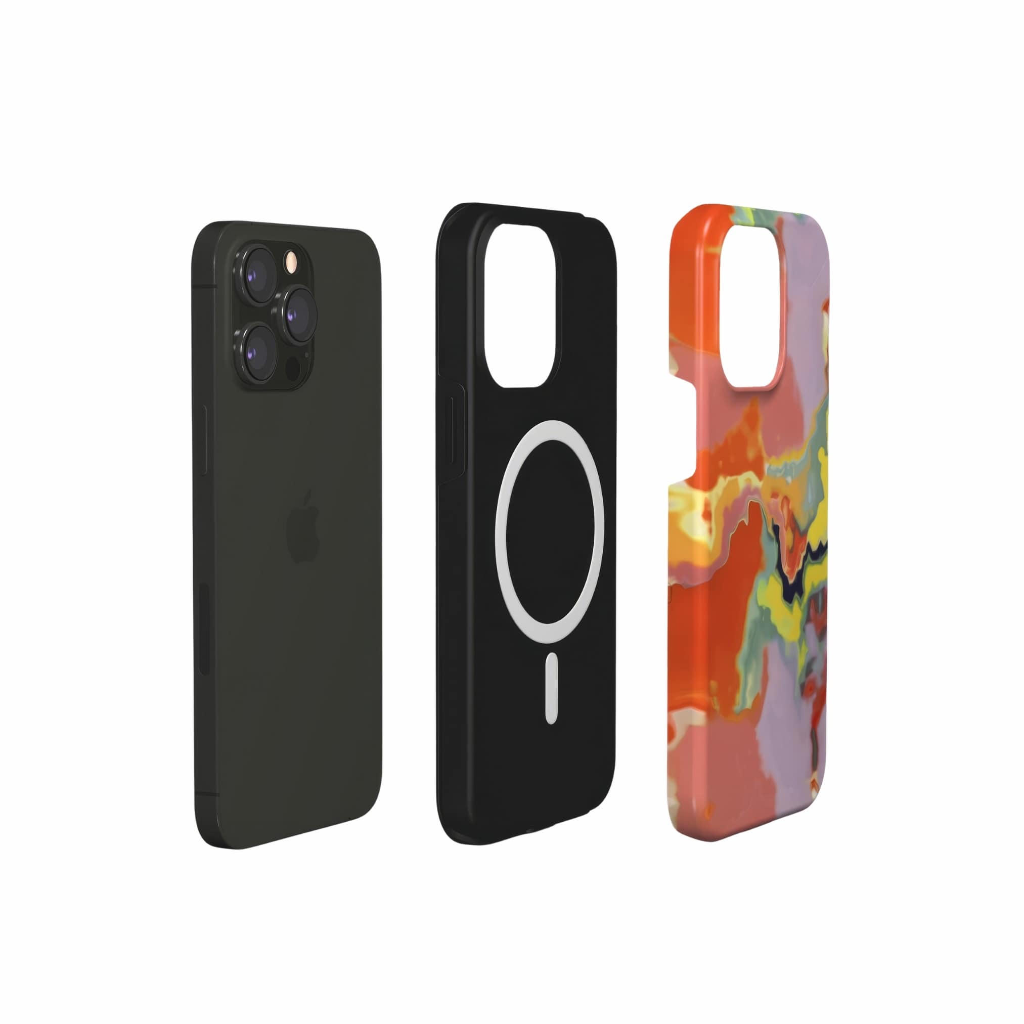 Tough MagSafe phone case extend view; Tropical pattern, artistic, abstract marble pattern. Yellow and orange color combination. 