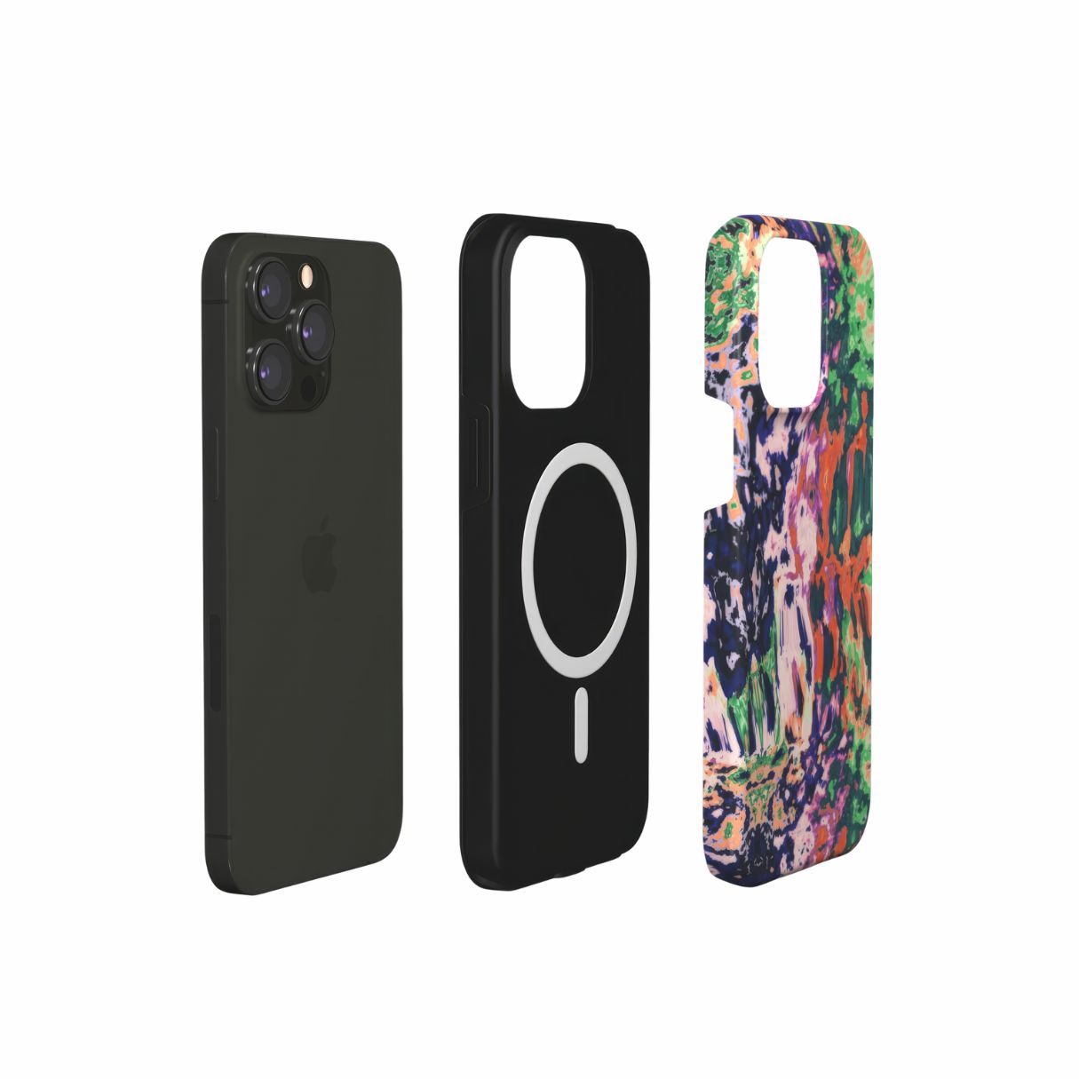 MagSafe Tough phone case with a bold vivid pattern Vincet in marble abstract and artistic style, featuring an elegant and expressive aesthetic design. Main colors are purple, orange and green. Extend view.