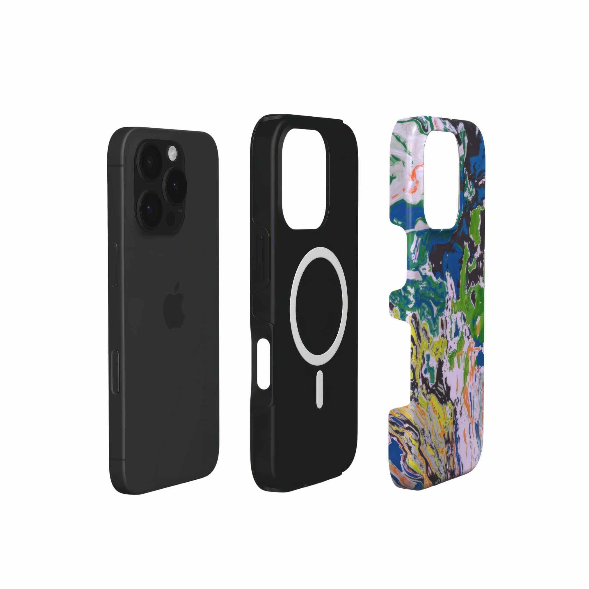 MagSafe tough phone case with a bold vivid pattern in marble abstract and artistic style, featuring an elegant and expressive aesthetic design. Main colors are blue, green and yellow with slight orange. Extend view.
