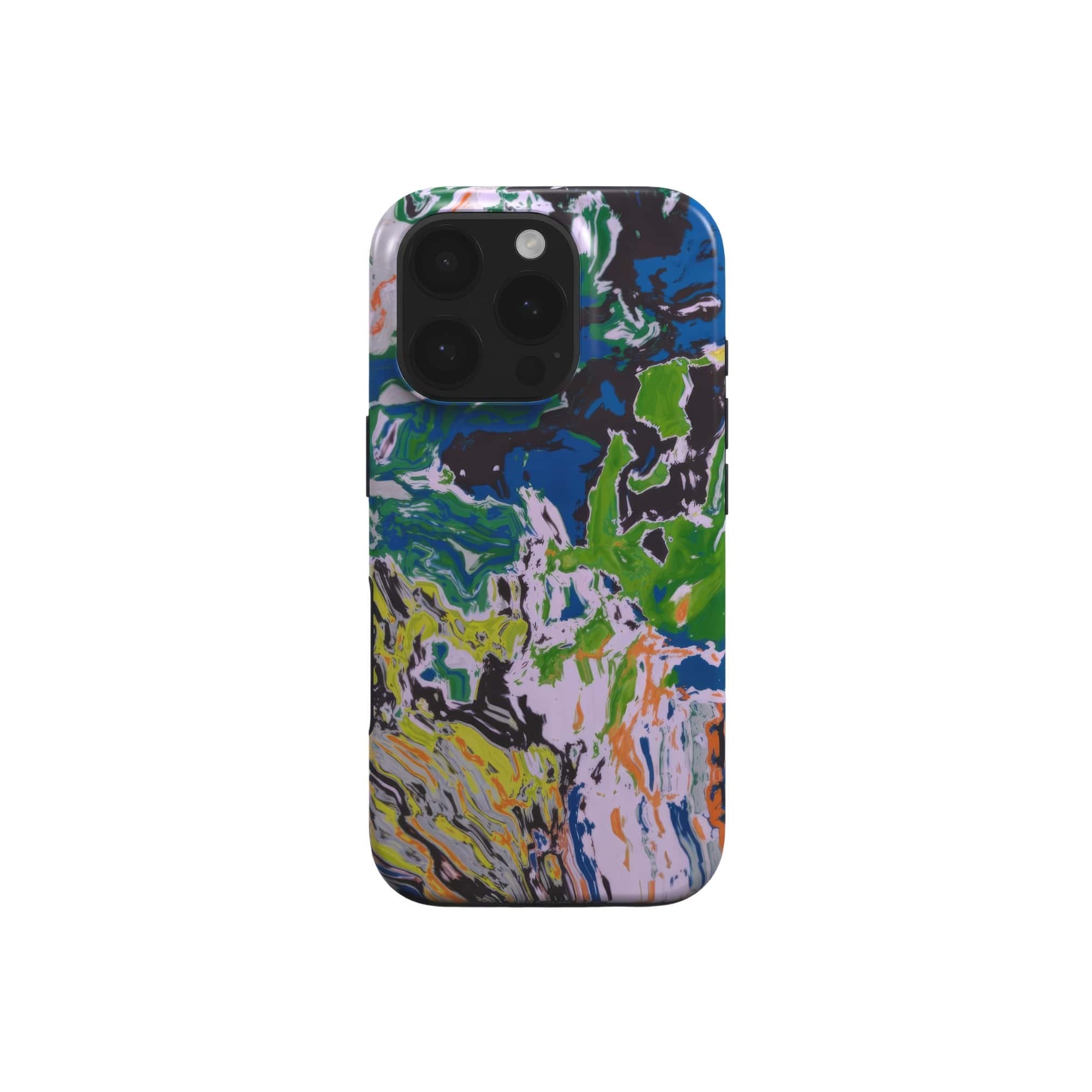 MagSafe tough phone case with a bold vivid pattern in marble abstract and artistic style, featuring an elegant and expressive aesthetic design. Main colors are blue, green and yellow with slight orange. Front view.