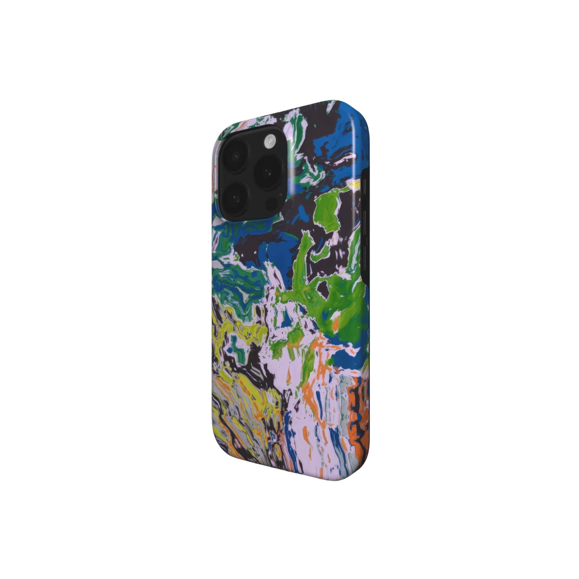 MagSafe tough phone case with a bold vivid pattern in marble abstract and artistic style, featuring an elegant and expressive aesthetic design. Main colors are blue, green and yellow with slight orange. Side view.