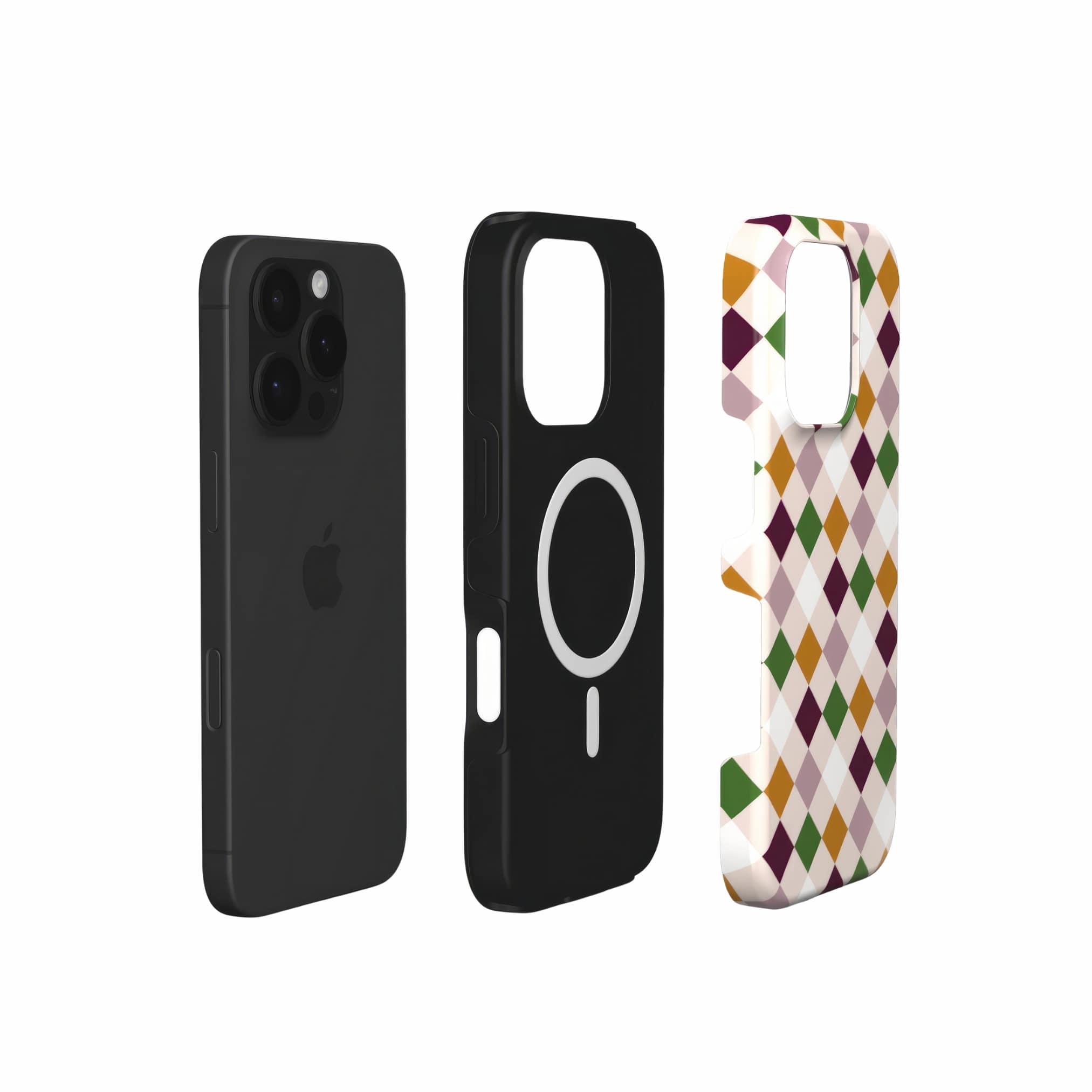 MagSafe tough phone case Wonder Chess pattern design with a dynamic geometric symmetry in chess style, featuring an elegant and expressive aesthetic design. Main colors are sugar brown, green, deep cherry and pink. Extend view.