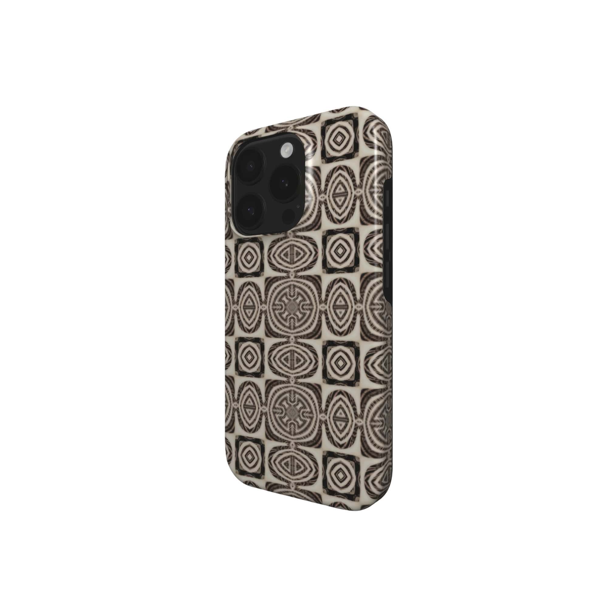 Tough Phone case side view; wooden snake 1 pattern, ornamental pattern; kaleidoscope pattern imagination. Brown color.
