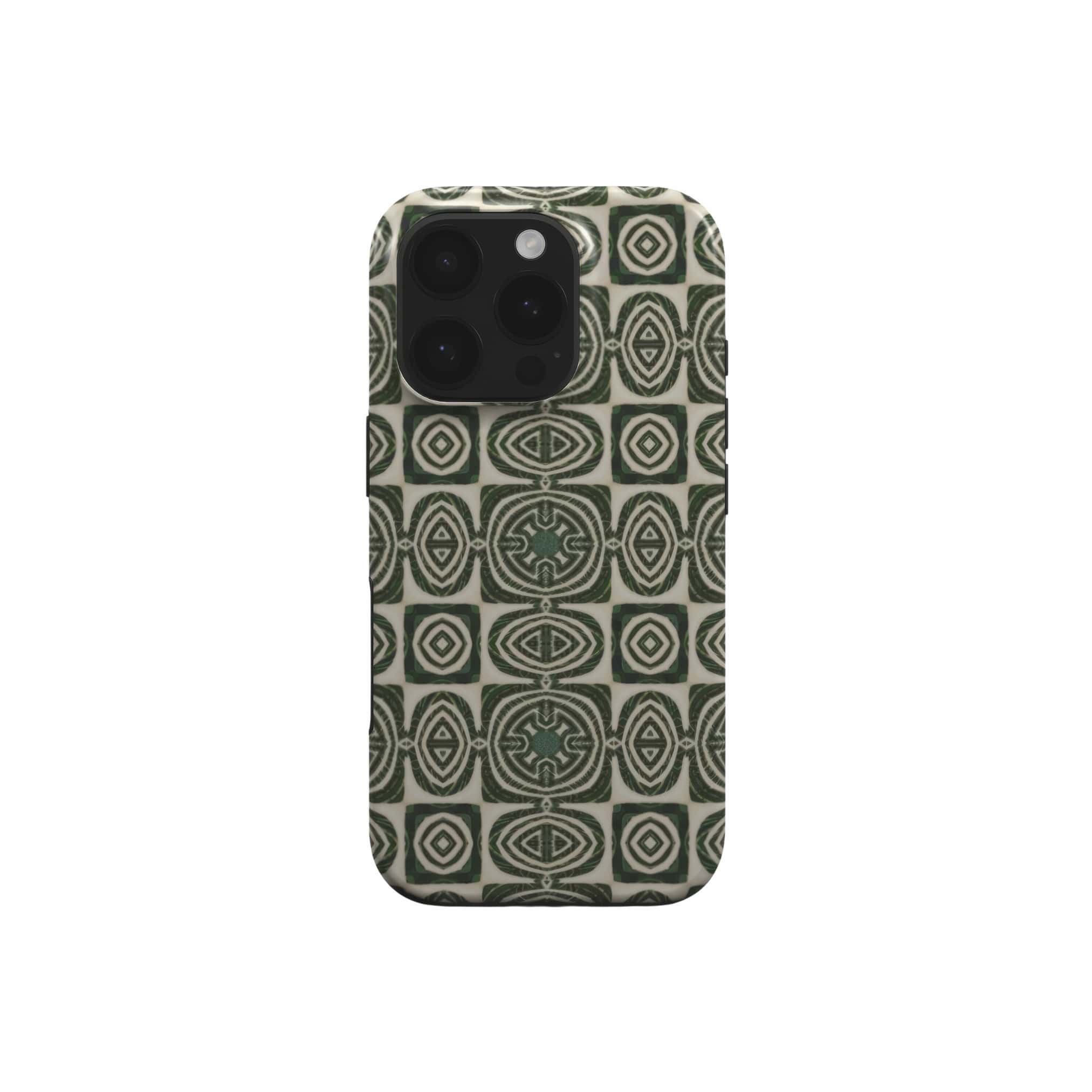 Magsafe Tough case front view; wooden snake 2 pattern, ornamental pattern; kaleidoscope pattern imagination. Green color. Bold expressive aesthetic design. Colorful and interior fit. Elegant.