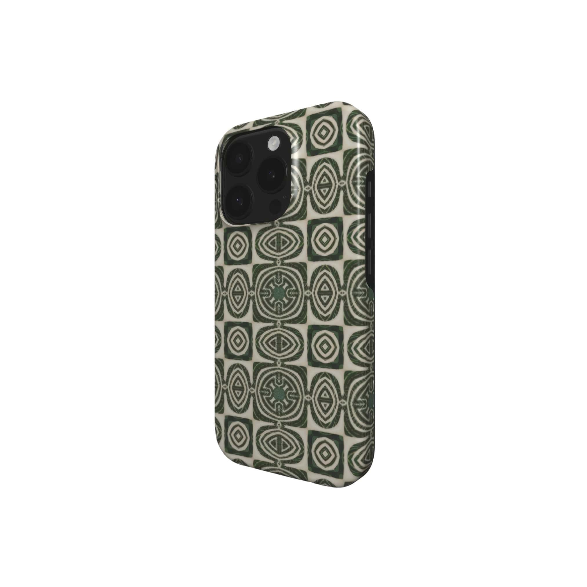 Magsafe Tough case side view; wooden snake 2 pattern, ornamental pattern; kaleidoscope pattern imagination. Green color.