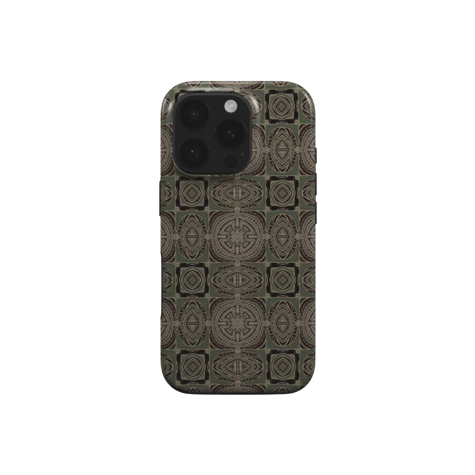 Tough phone case front view; wooden snake 3 pattern, ornamental pattern; kaleidoscope pattern imagination. Green color. Bold expressive aesthetic design. Colorful and interior fit. Elegant.