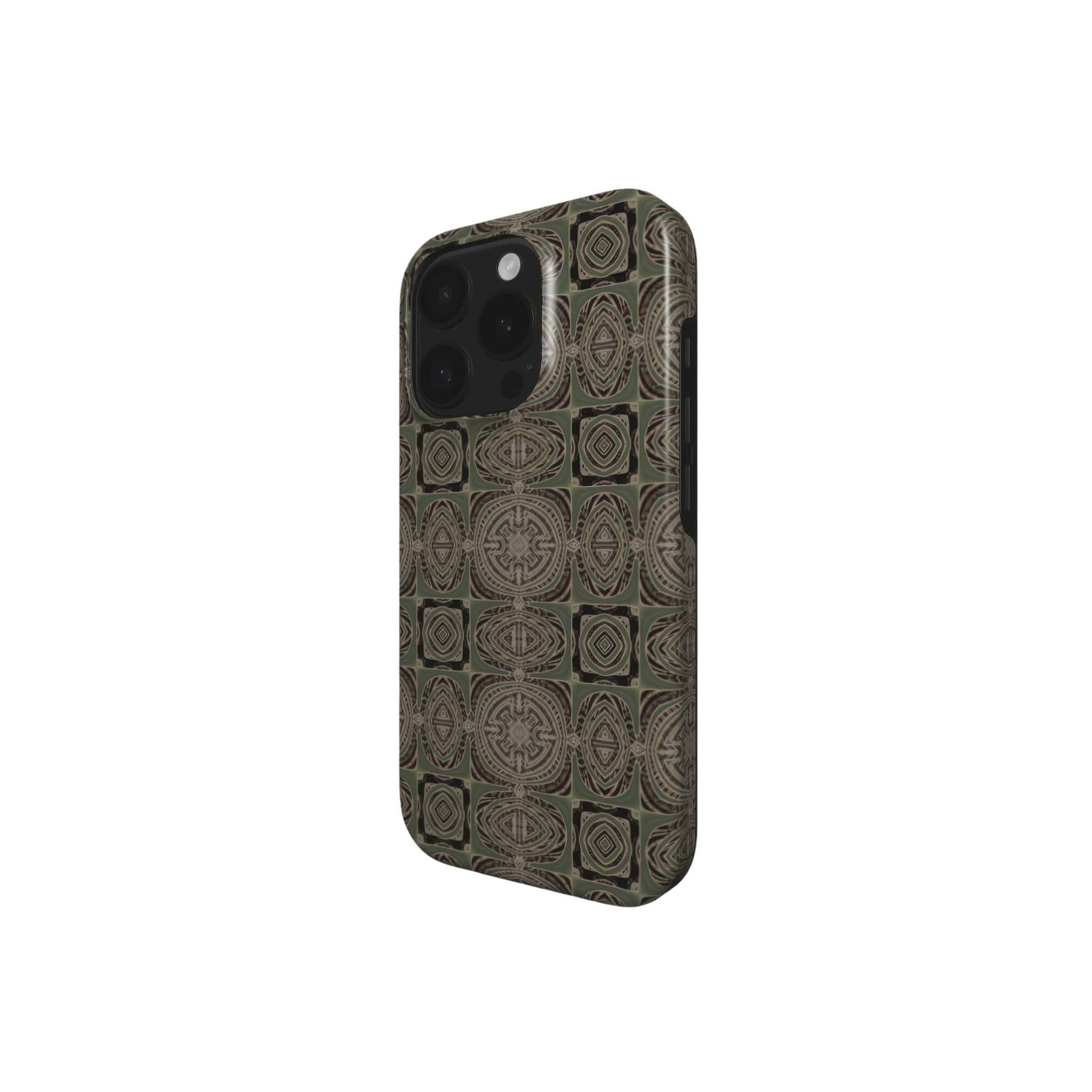 Tough phone case side view; wooden snake 3 pattern, ornamental pattern; kaleidoscope pattern imagination. Green color.