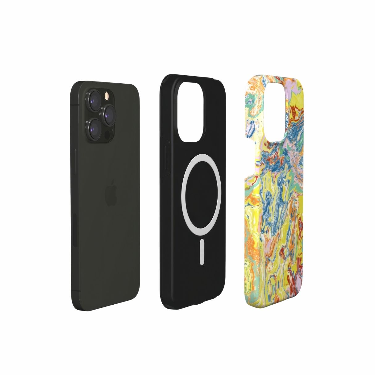 MagSafe Tough phone case with a bold vivid pattern Yell Ow abstract and artistic style, featuring an elegant and expressive aesthetic design. Main colors are yellow and blue. Extend view.